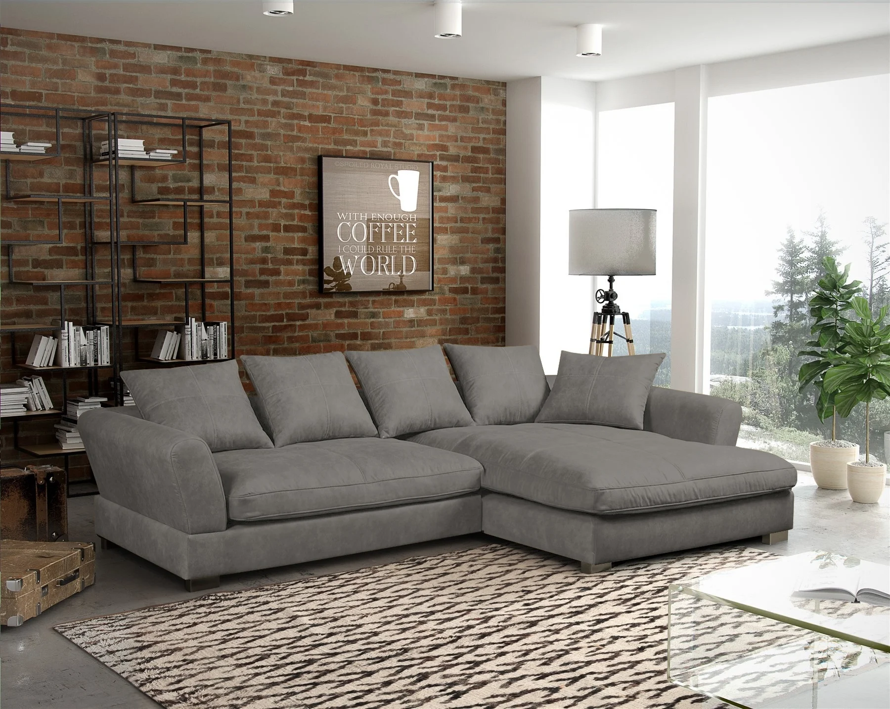 Ecksofa Couchgarnitur TIZIAN in Stoff Salvador Silbergrau Ottomane Rechts - Fun Möbel