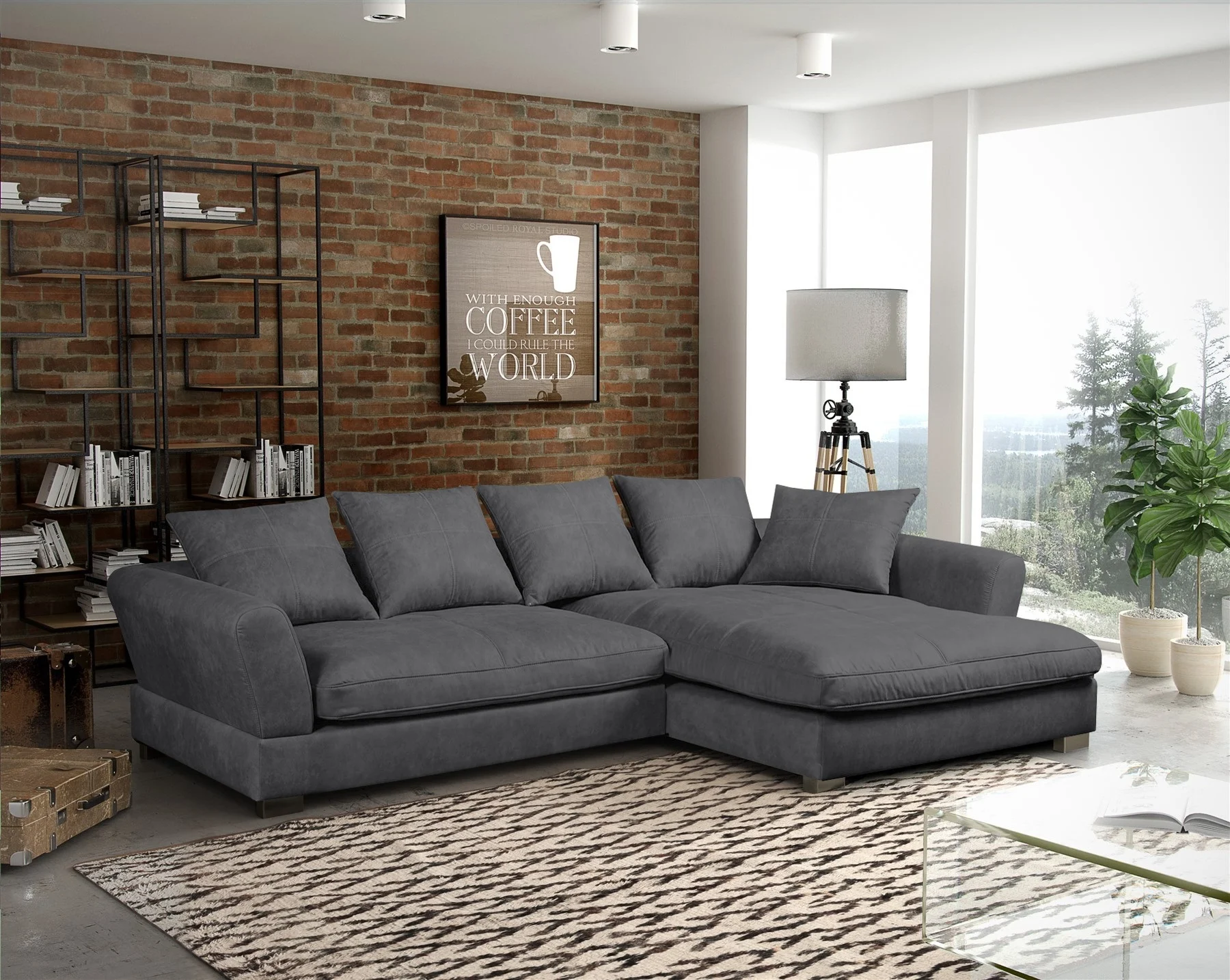 Ecksofa Couchgarnitur TIZIAN in Stoff Salvador Grafit Ottomane Rechts - Fun Möbel