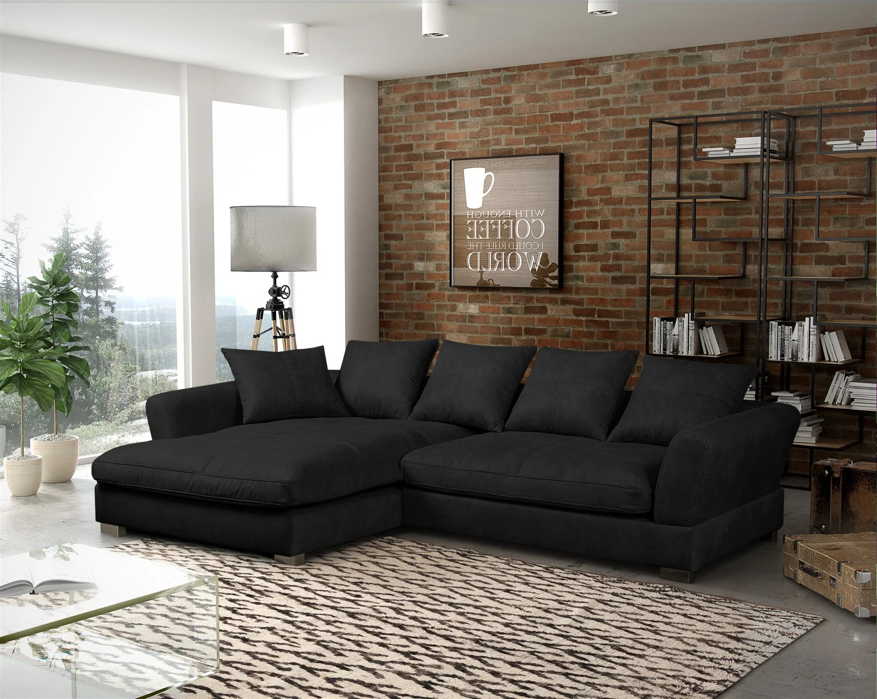 Ecksofa Couchgarnitur TIZIAN in Stoff Salvador Schwarz Ottomane Links - Fun Möbel