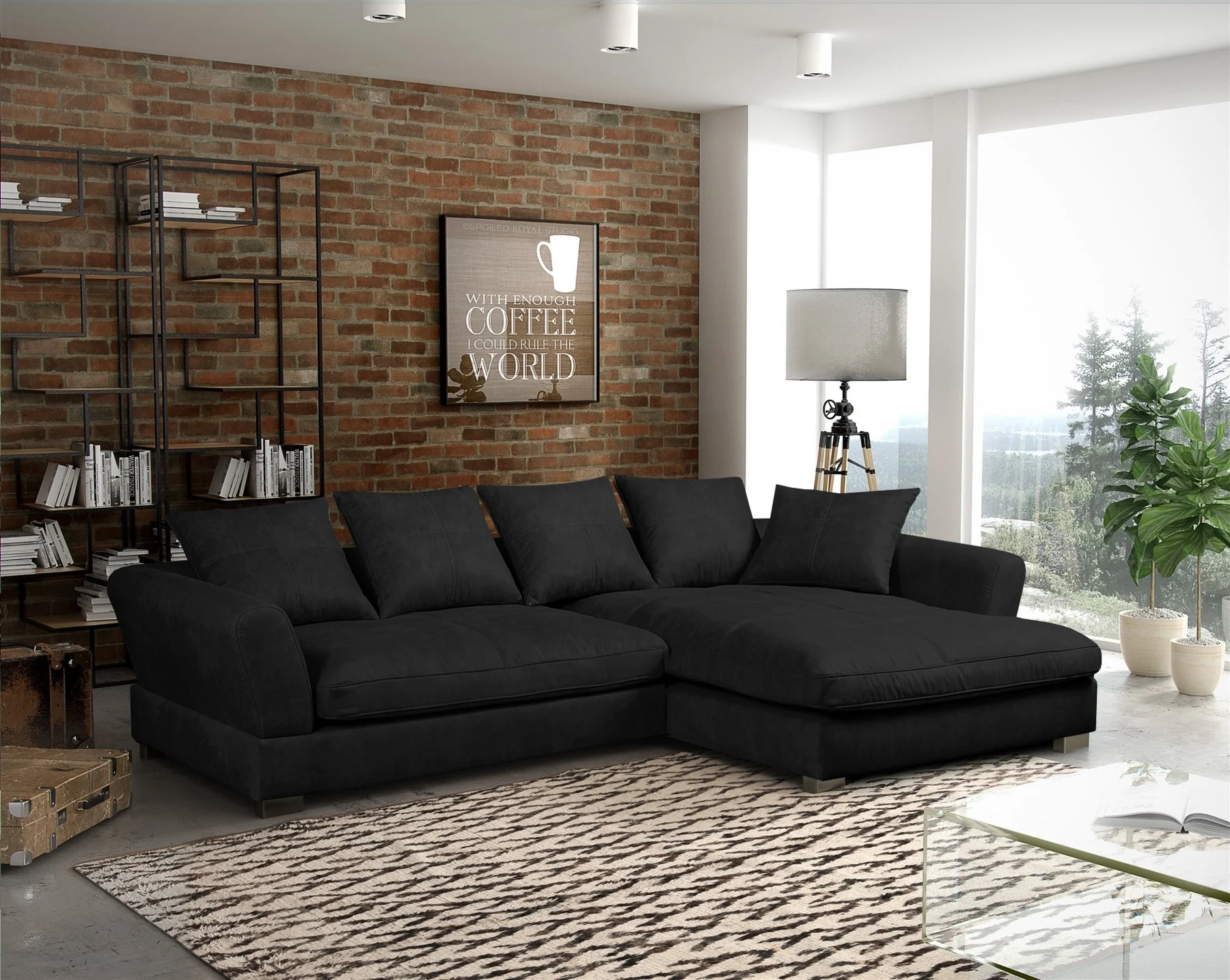 Ecksofa Couchgarnitur TIZIAN in Stoff Salvador Schwarz Ottomane Rechts - Fun Möbel