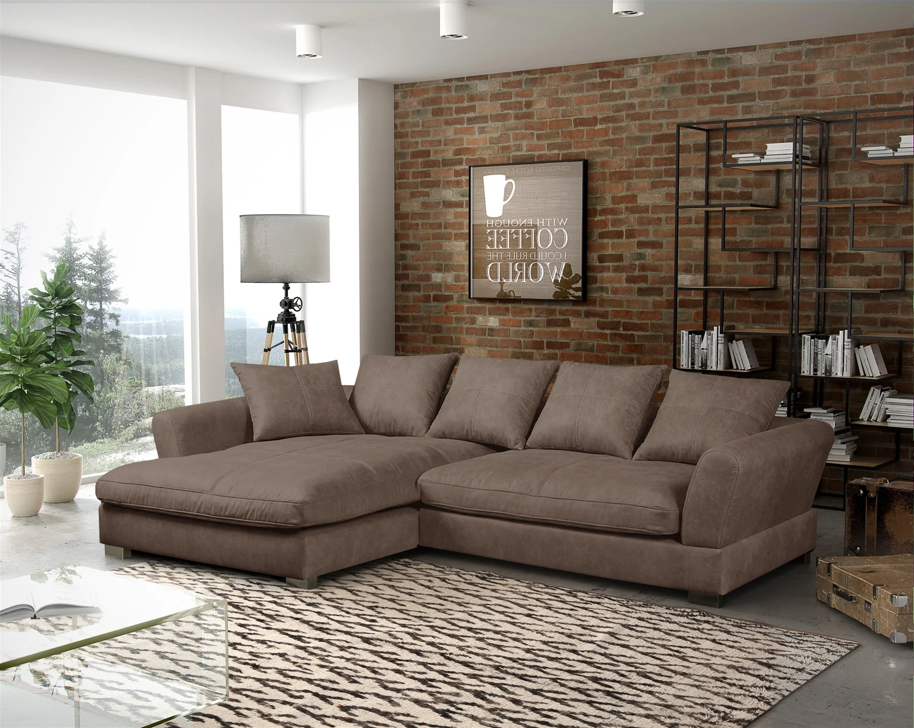 Ecksofa Couchgarnitur TIZIAN in Stoff Salvador Schokobraun Ottomane Links - Fun Möbel
