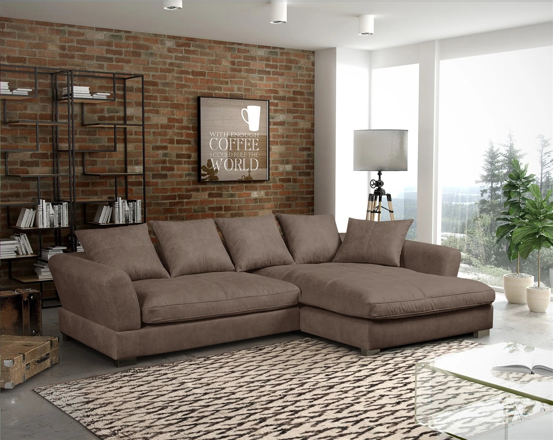 Ecksofa Couchgarnitur TIZIAN in Stoff Salvador Schokobraun Ottomane Rechts - Fun Möbel