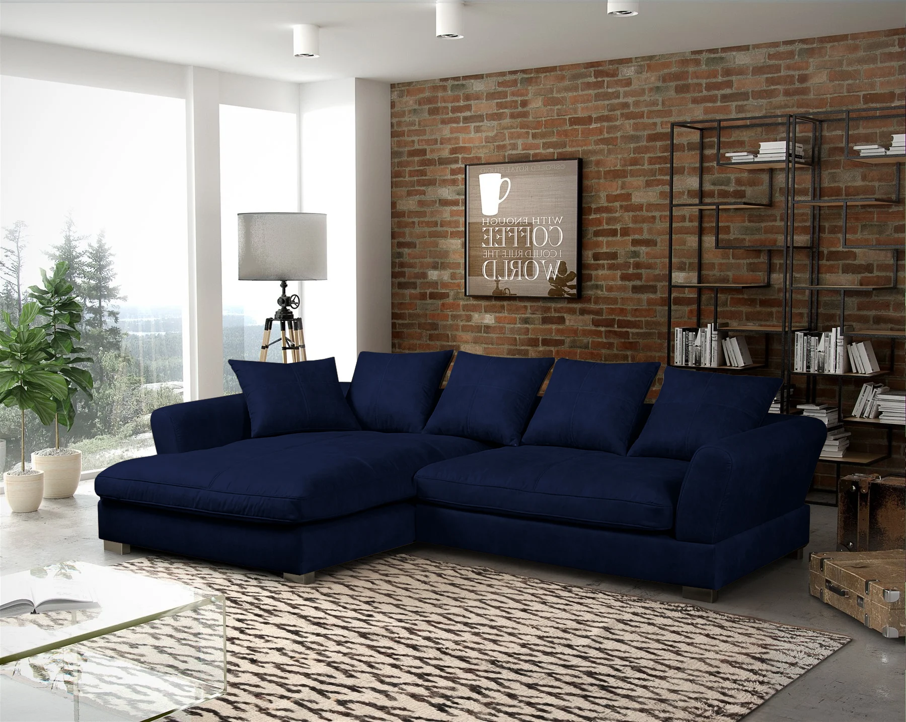 Ecksofa Couchgarnitur TIZIAN in Stoff Salvador Dunkelblau Ottomane Links - Fun Möbel