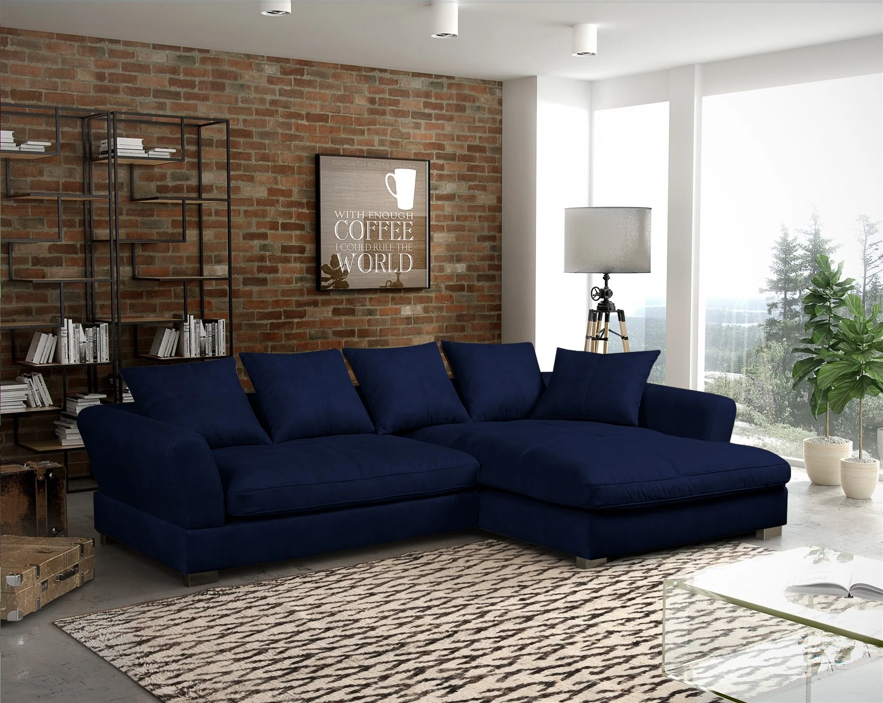 Ecksofa Couchgarnitur TIZIAN in Stoff Salvador Dunkelblau Ottomane Rechts - Fun Möbel