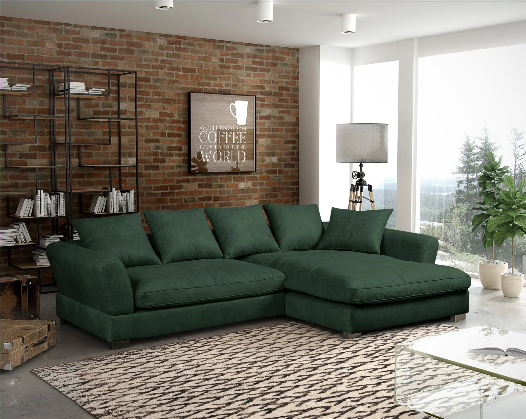 Ecksofa Couchgarnitur TIZIAN in Stoff Salvador Flaschengrün Ottomane Rechts - Fun Möbel