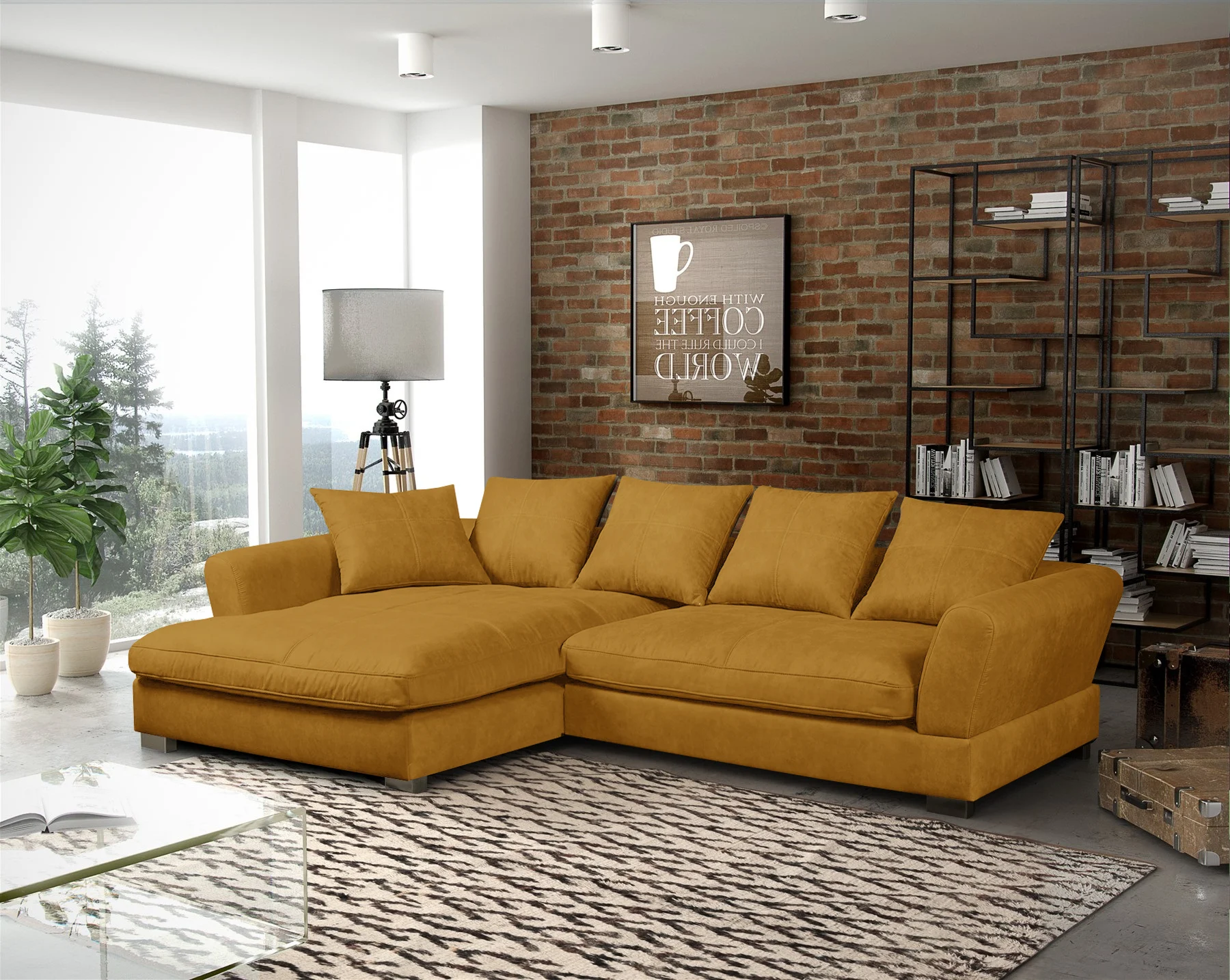 Ecksofa Couchgarnitur TIZIAN in Stoff Salvador Honiggelb Ottomane Links - Fun Möbel