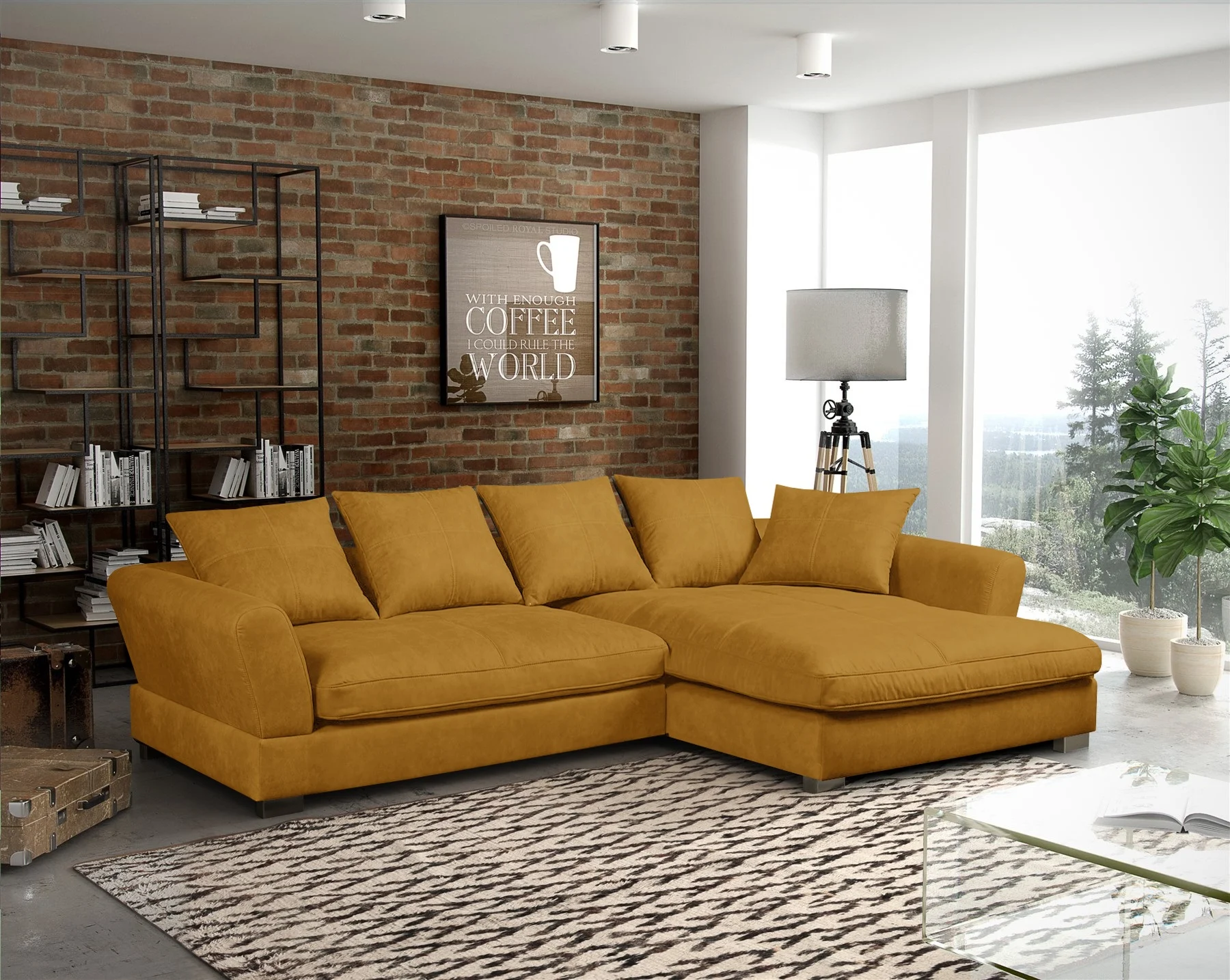 Ecksofa Couchgarnitur TIZIAN in Stoff Salvador Honiggelb Ottomane Rechts - Fun Möbel