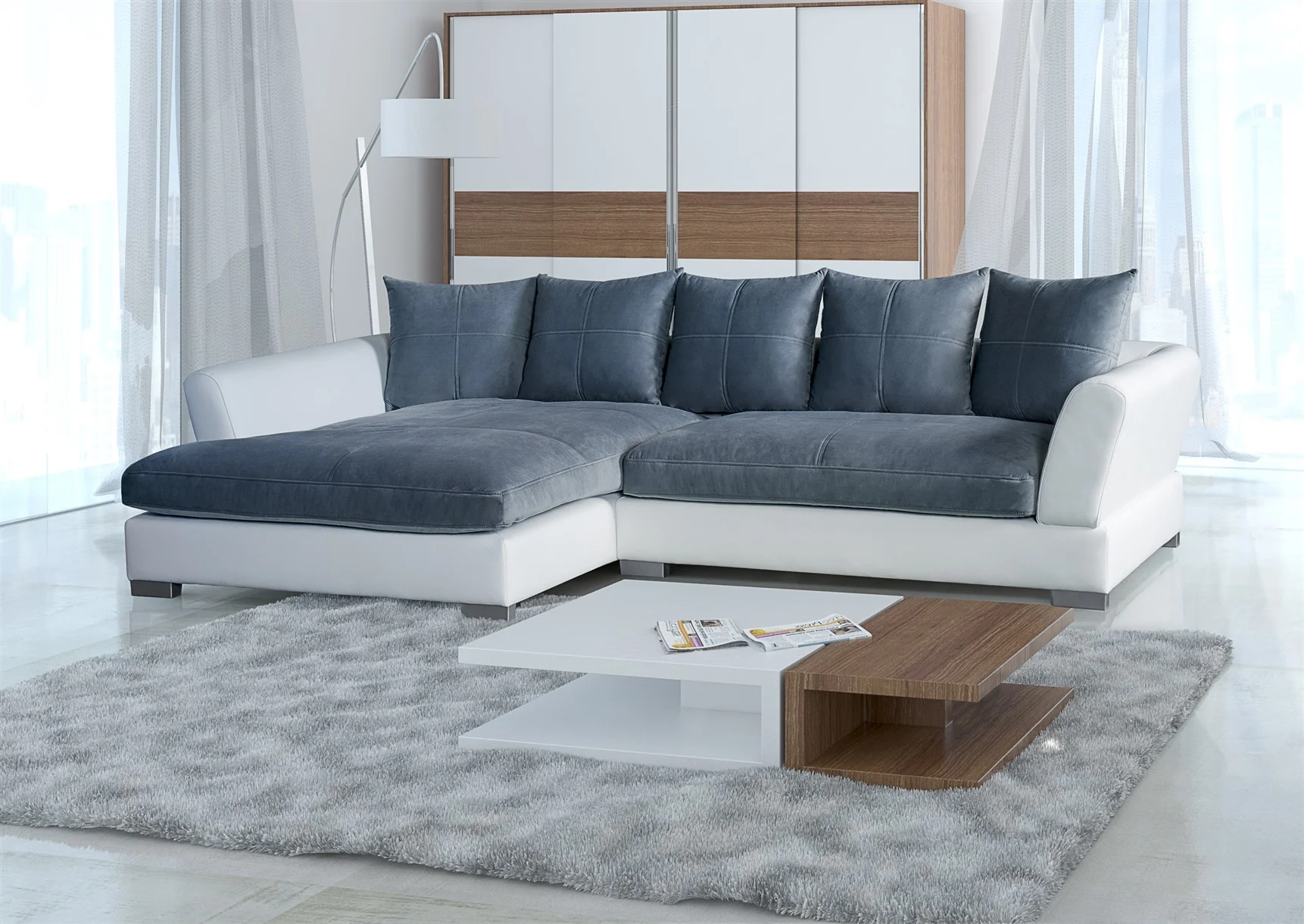 Couchgarnitur TORRIS L-Form in Weiss- Anthrazit / Ottomane Links