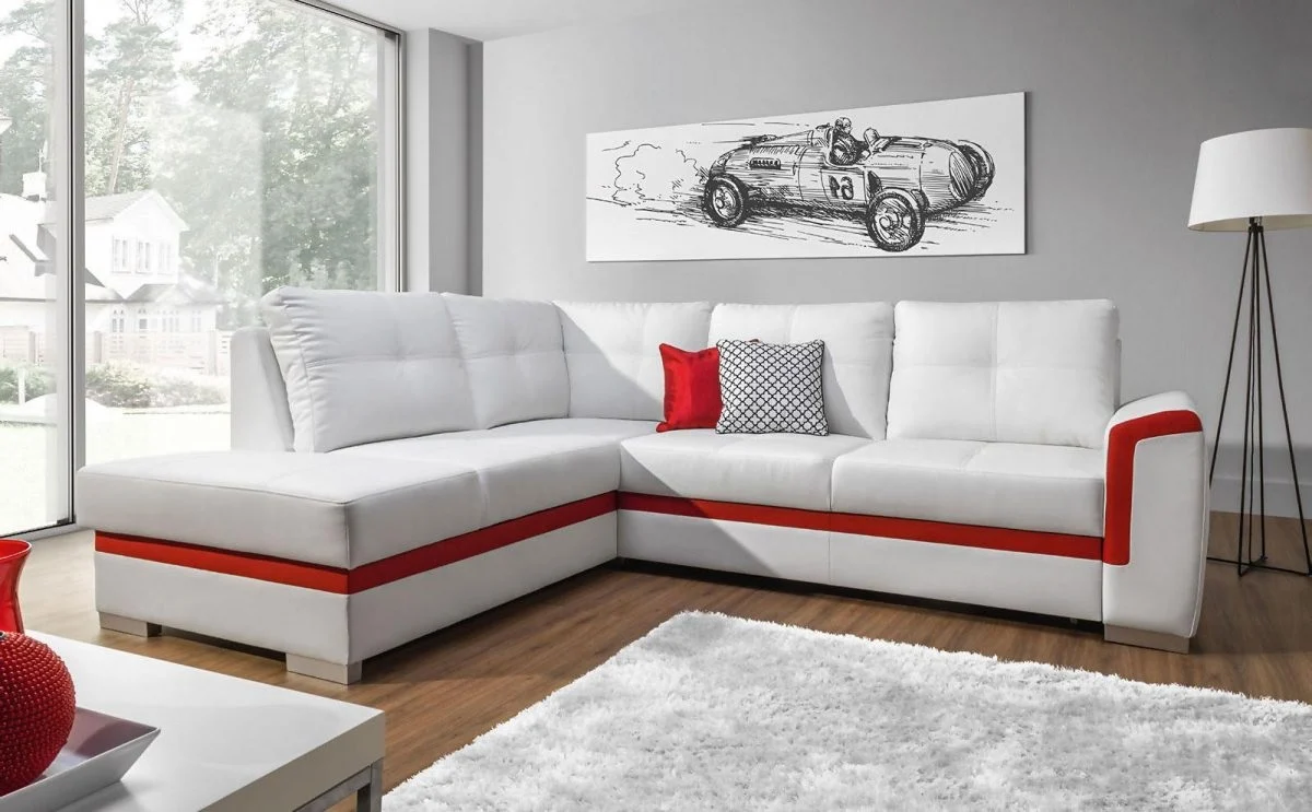 Ecksofa Schlafsofa VERONIK Weiss / Rot Ottomane Links - Fun Moebel