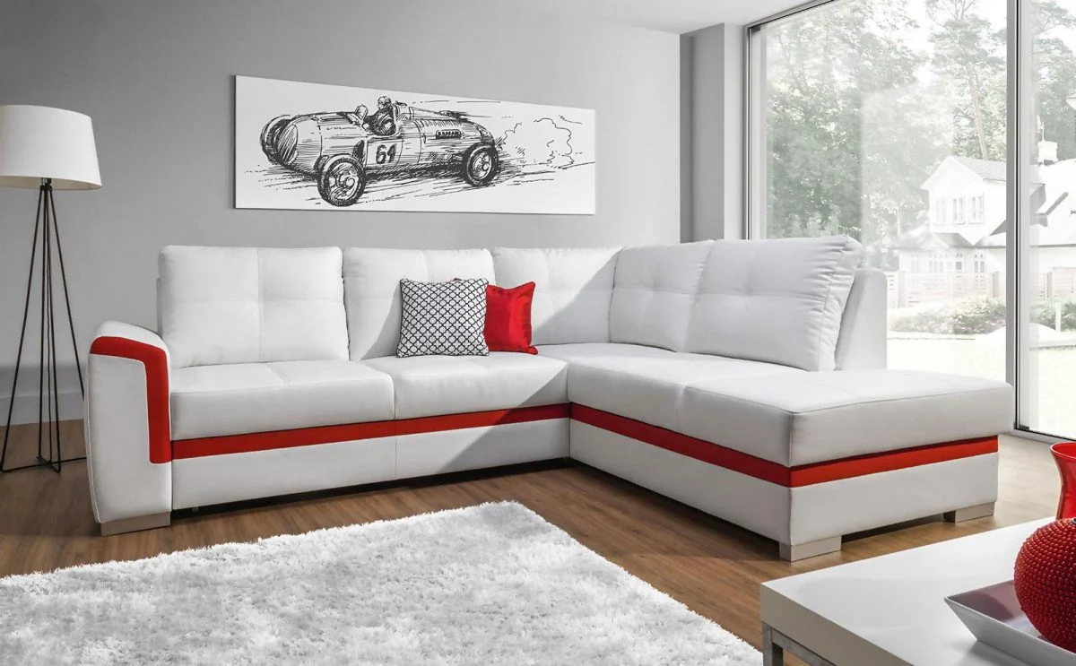 Ecksofa Schlafsofa VERONIK Weiss / Rot Ottomane Rechts - Fun Moebel