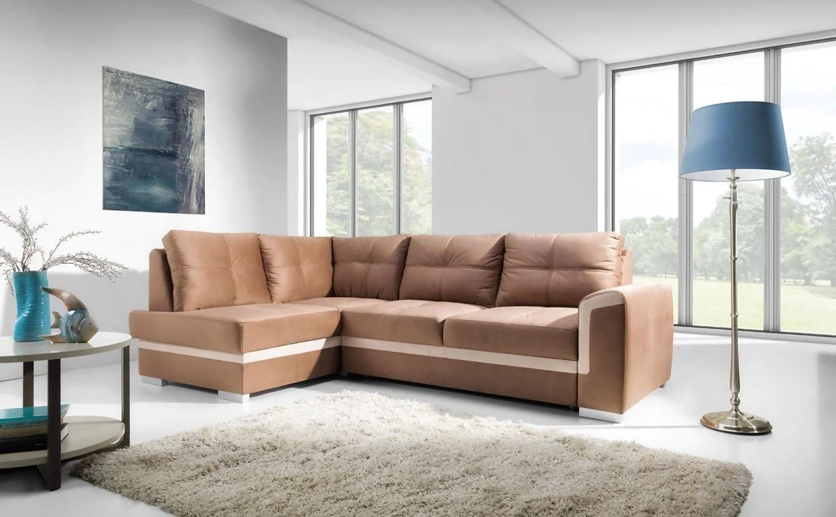 Ecksofa Schlafsofa VERONIK MINI Hellbraun / Beige Ottomane Links - Fun Moebel