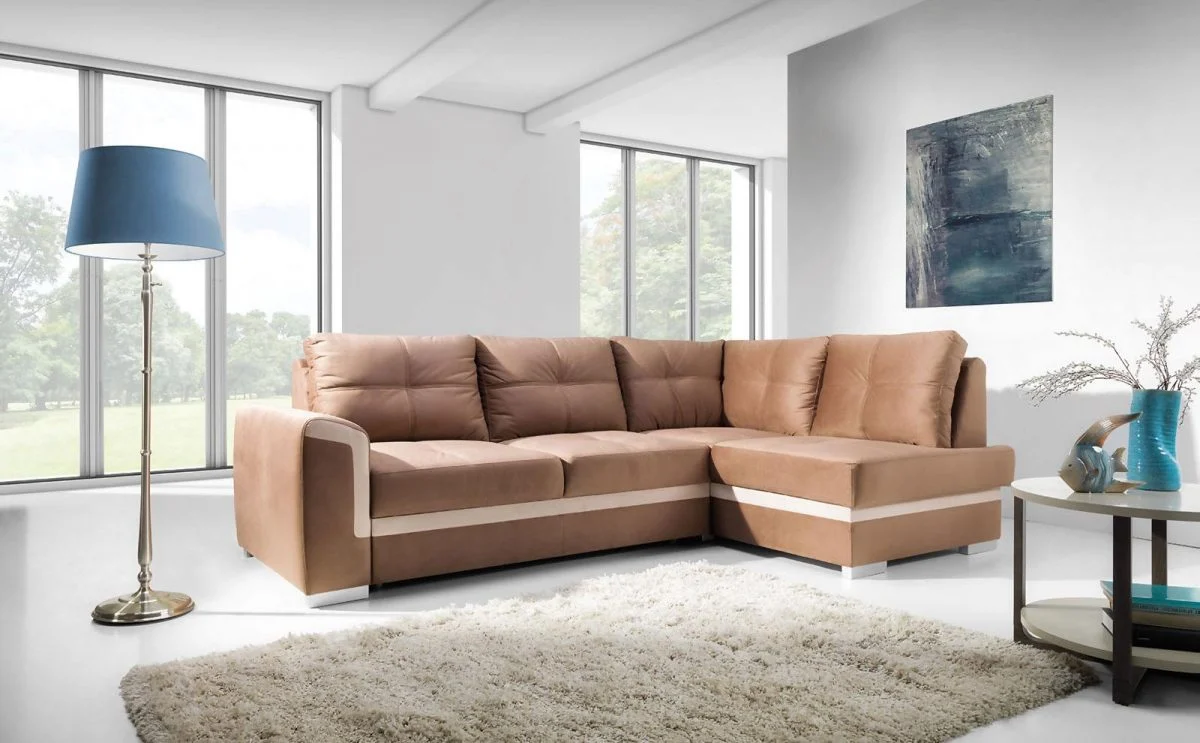 Ecksofa Schlafsofa VERONIK MINI Hellbraun / Beige Ottomane Rechts - Fun Moebel