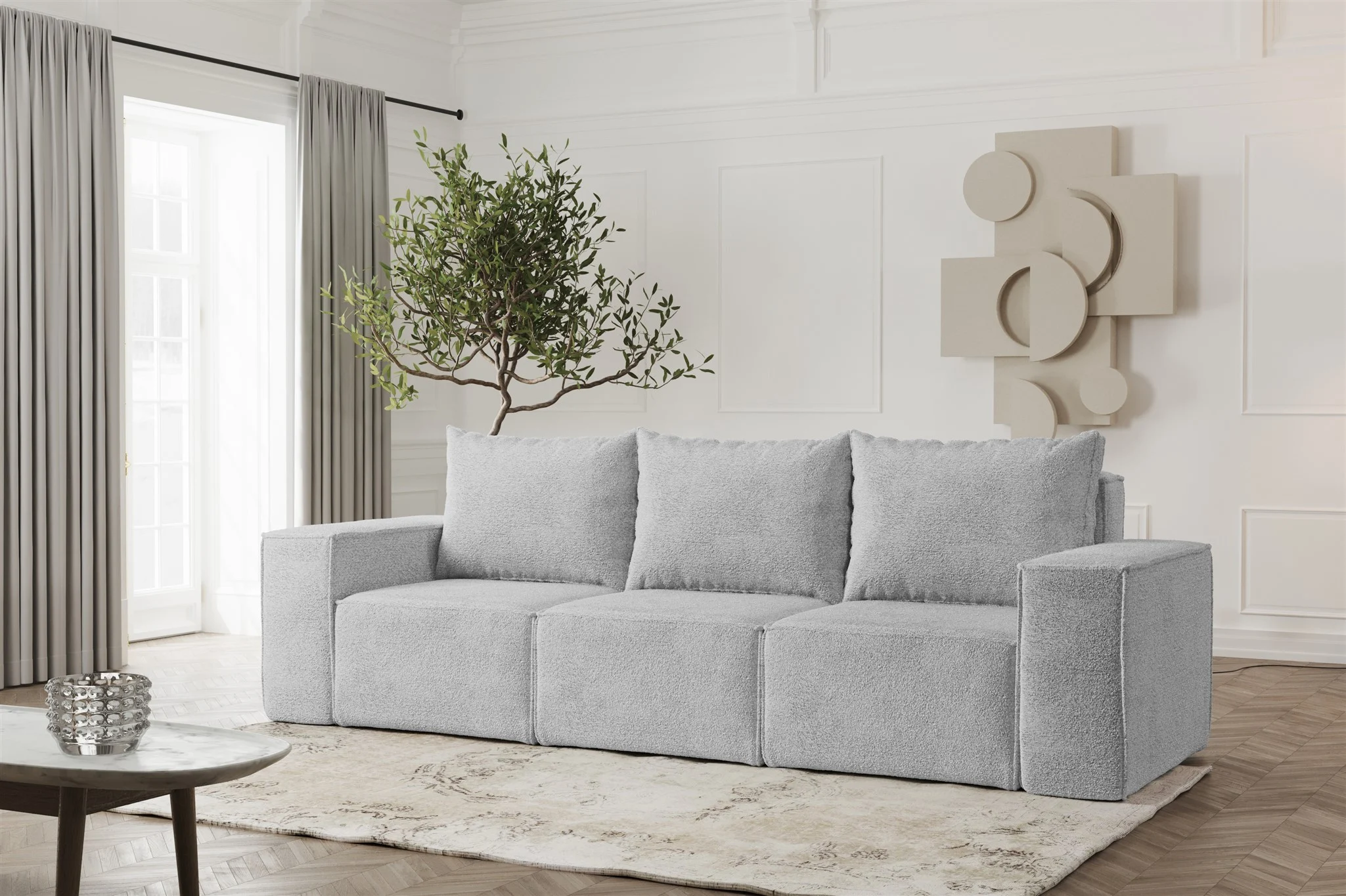 Sofa Designersofa ESTELLE 3-Sitzer in Stoff Abriamo Hellgrau