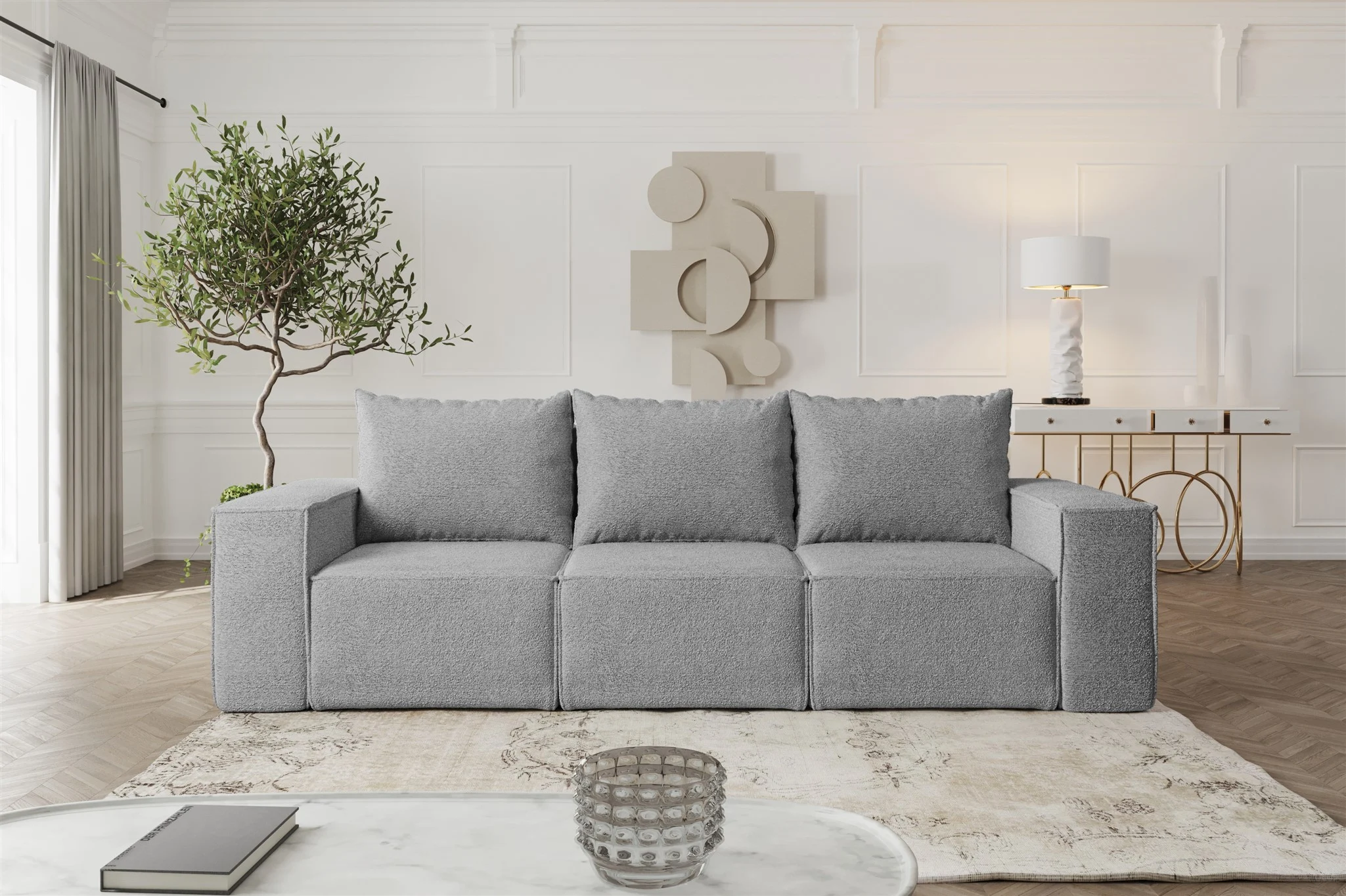 Sofa Designersofa ESTELLE 3-Sitzer mit Schlaffunktion in Stoff Abriamo Grau