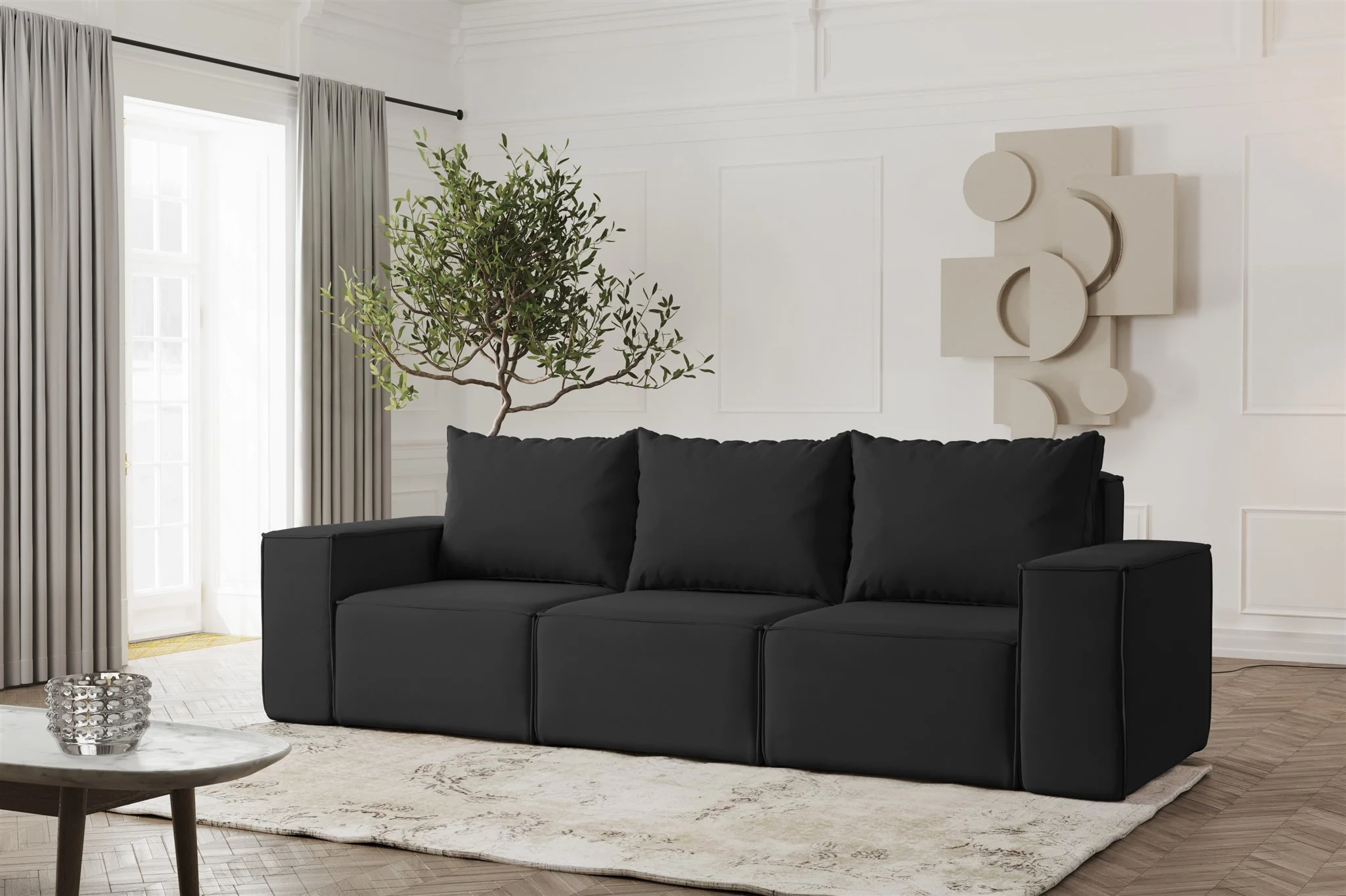 Sofa Designersofa ESTELLE 3-Sitzer in Stoff Opera Velvet Schwarz