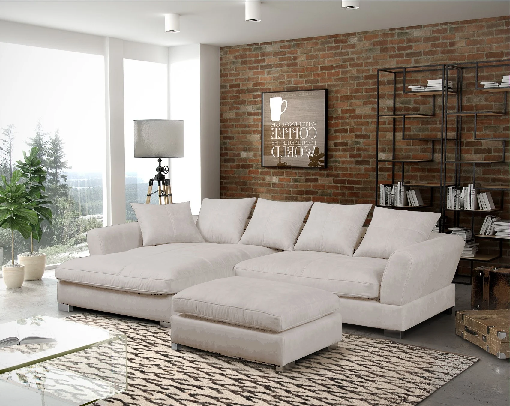 Ecksofa TIZIAN inkl. Polsterhocker in Stoff Salvador Beige Ottomane Links - Fun Möbel