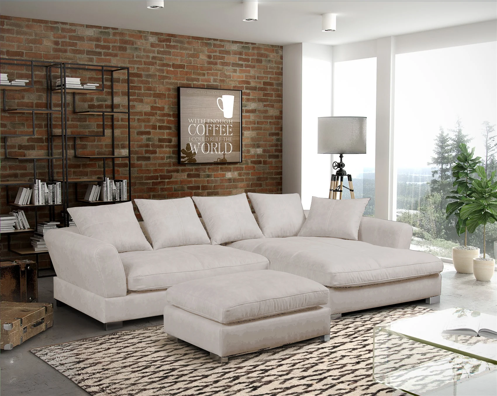 Ecksofa TIZIAN inkl. Polsterhocker in Stoff Salvador Beige Ottomane Rechts - Fun Möbel