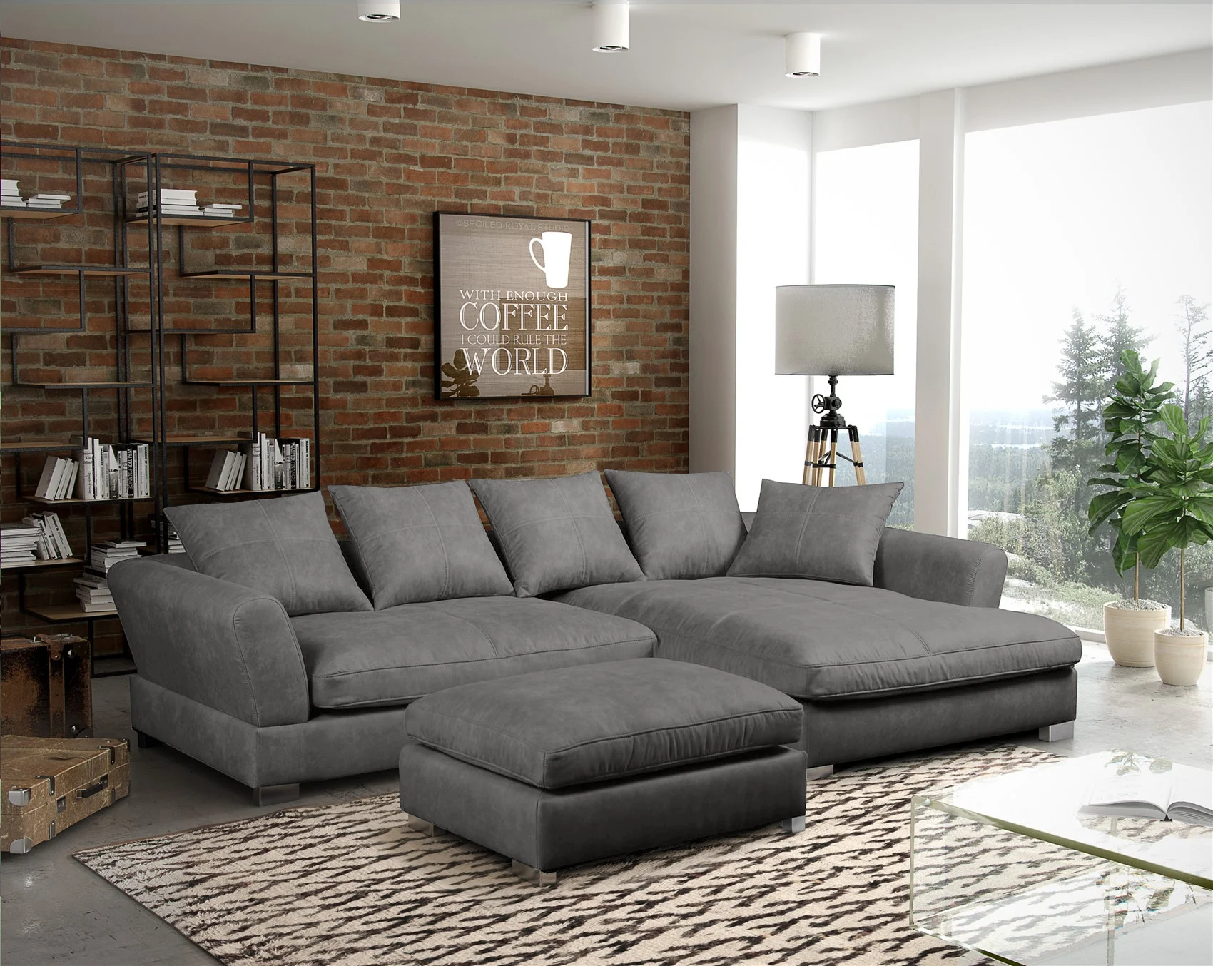 Ecksofa TIZIAN inkl. Polsterhocker in Stoff Salvador Silbergrau Ottomane Rechts - Fun Möbel