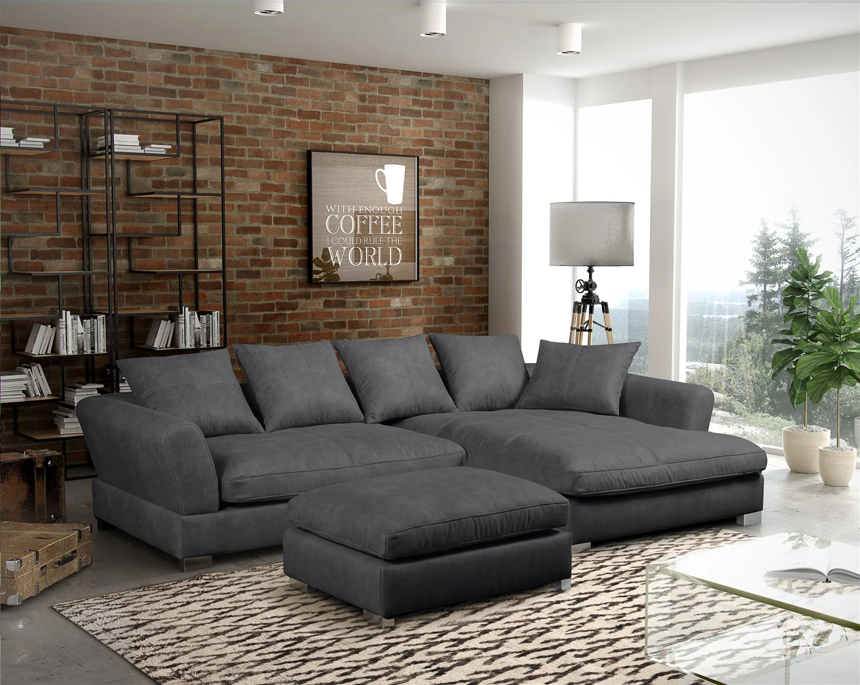 Ecksofa TIZIAN inkl. Polsterhocker in Stoff Salvador Grafit Ottomane Rechts - Fun Möbel