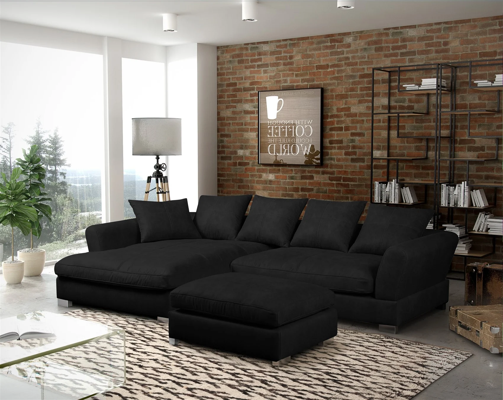 Ecksofa TIZIAN inkl. Polsterhocker in Stoff Salvador Schwarz Ottomane Links - Fun Möbel