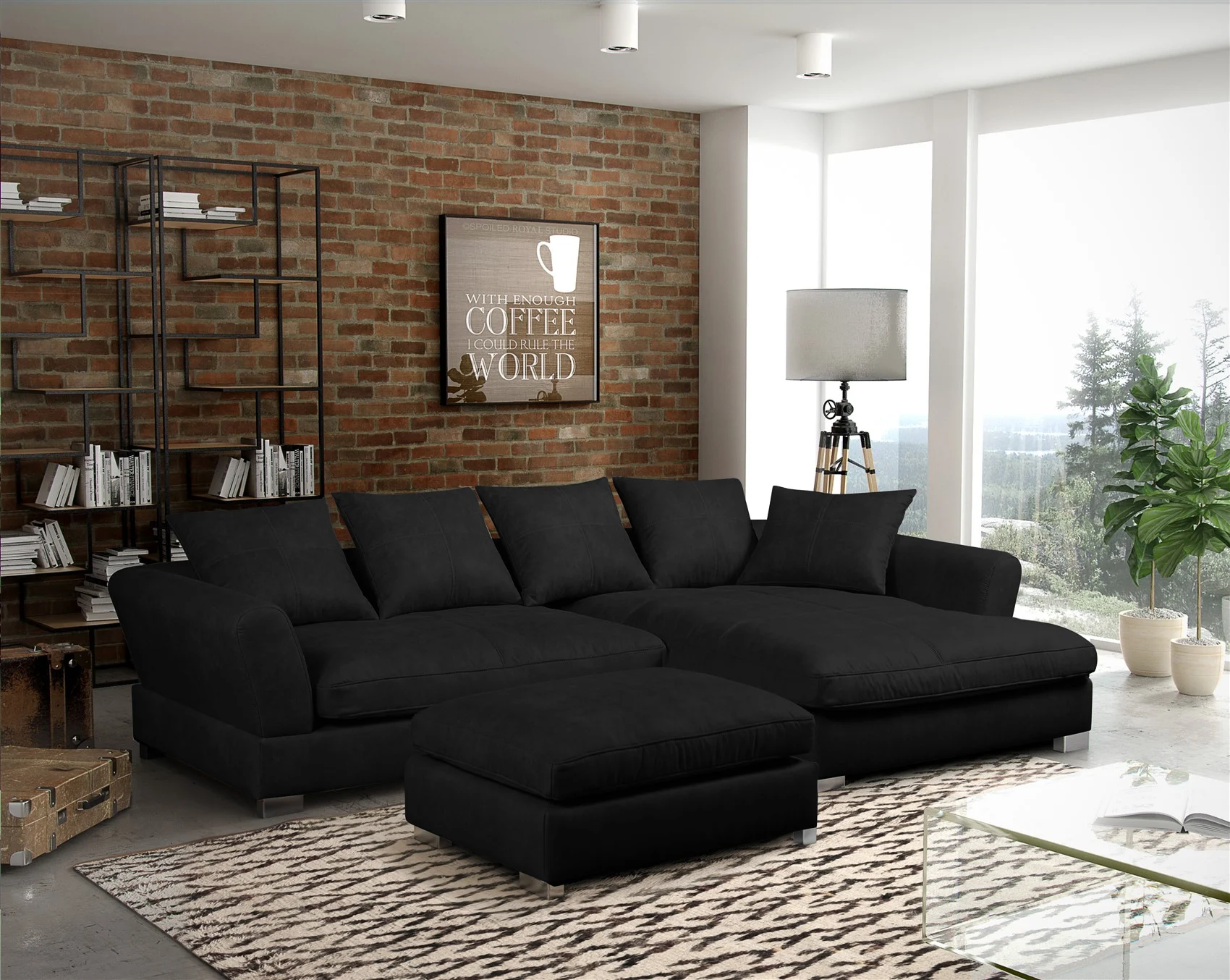 Ecksofa TIZIAN inkl. Polsterhocker in Stoff Salvador Schwarz Ottomane Rechts - Fun Möbel