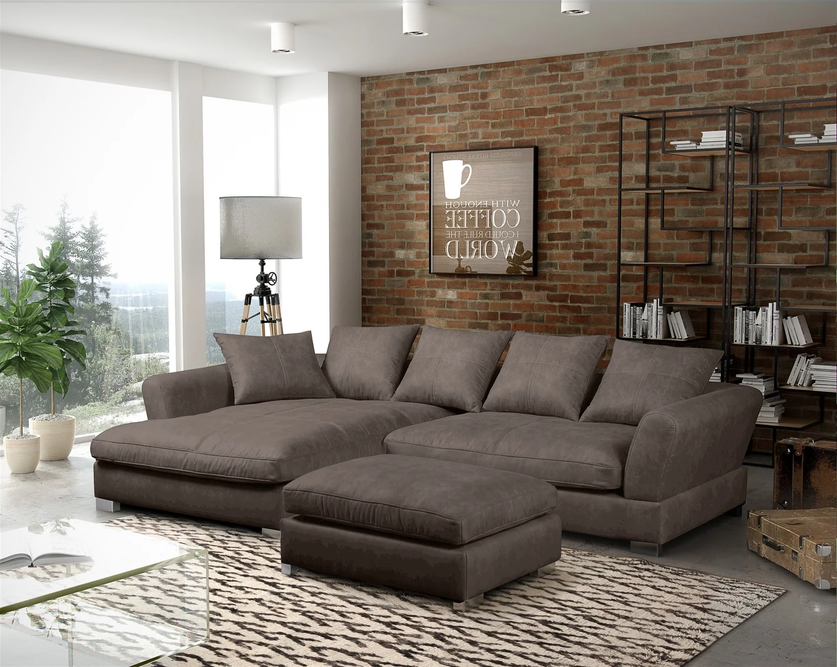 Ecksofa TIZIAN inkl. Polsterhocker in Stoff Salvador Schokobraun Ottomane Links - Fun Möbel