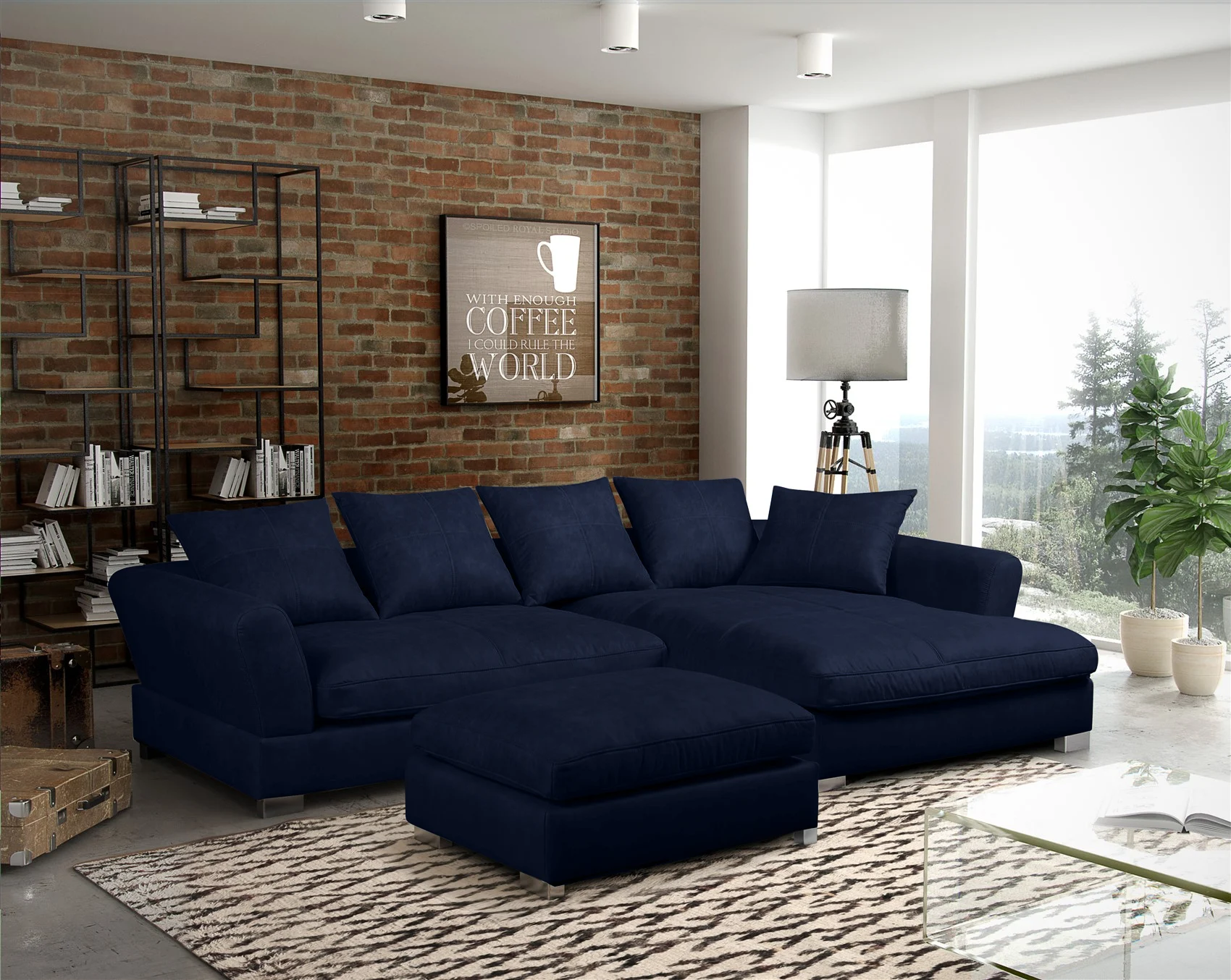 Ecksofa TIZIAN inkl. Polsterhocker in Stoff Salvador Dunkelblau Ottomane Rechts - Fun Möbel