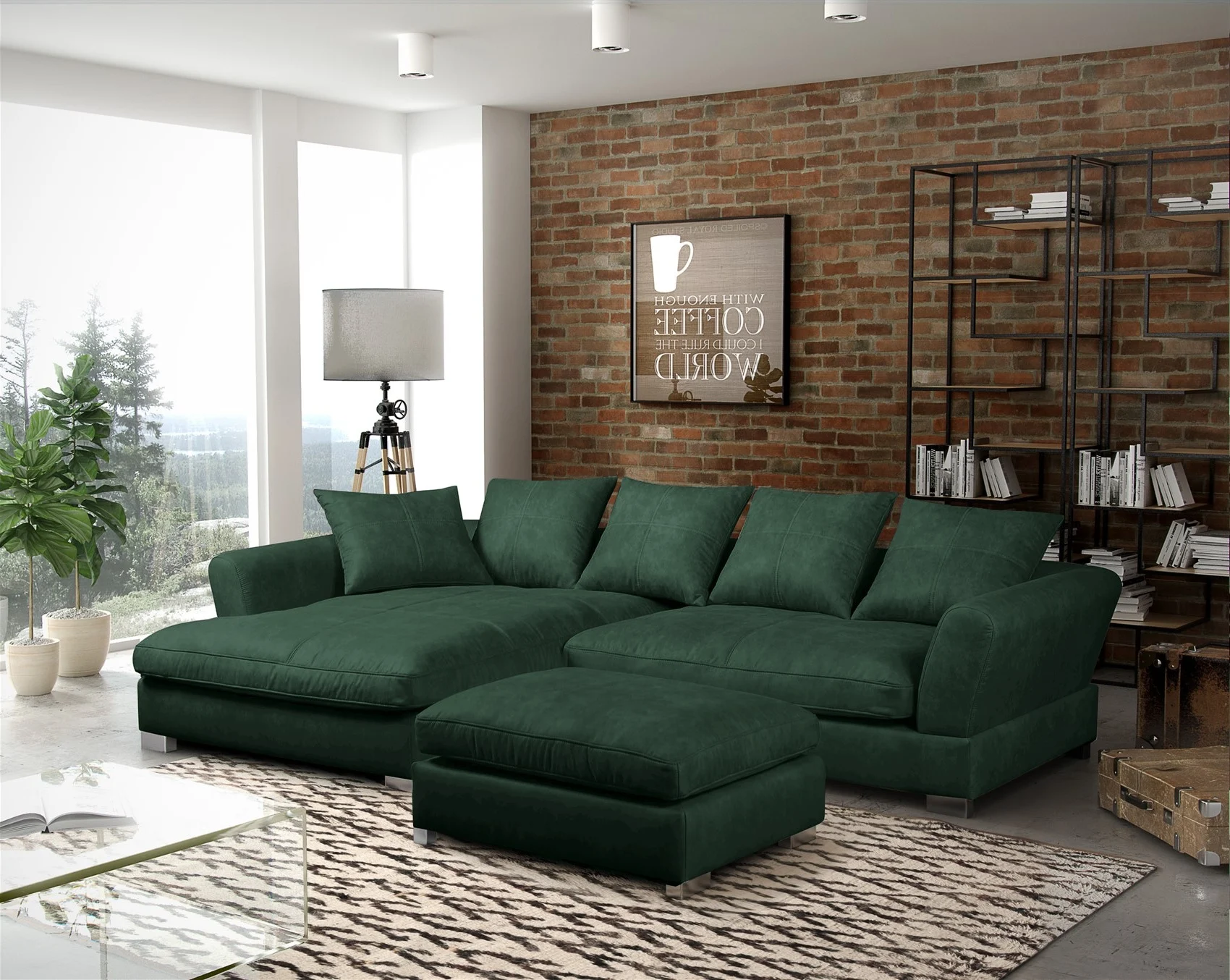 Ecksofa TIZIAN inkl. Polsterhocker in Stoff Salvador Flaschengrün Ottomane Links - Fun Möbel