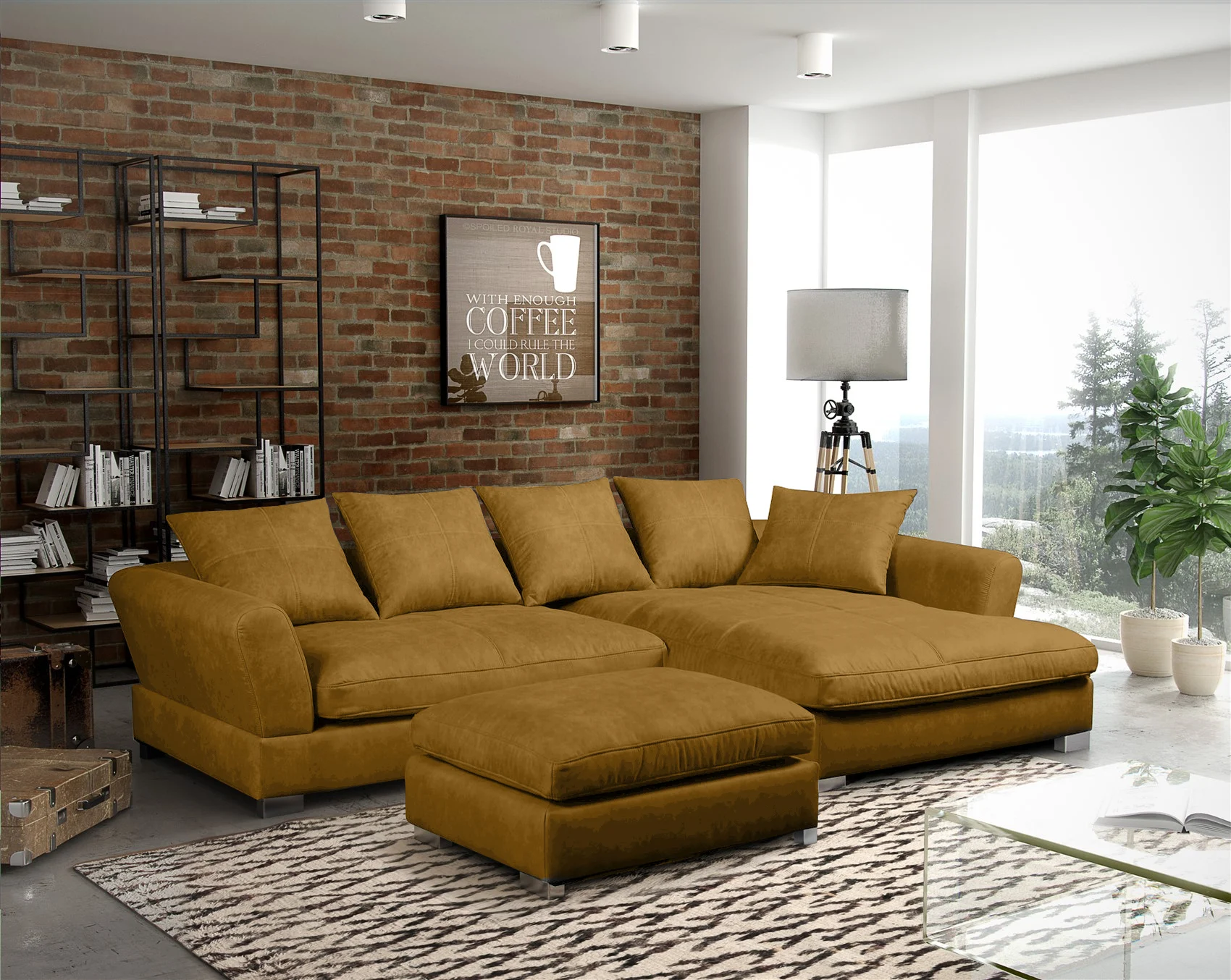 Ecksofa TIZIAN inkl. Polsterhocker in Stoff Salvador Honiggelb Ottomane Rechts - Fun Möbel