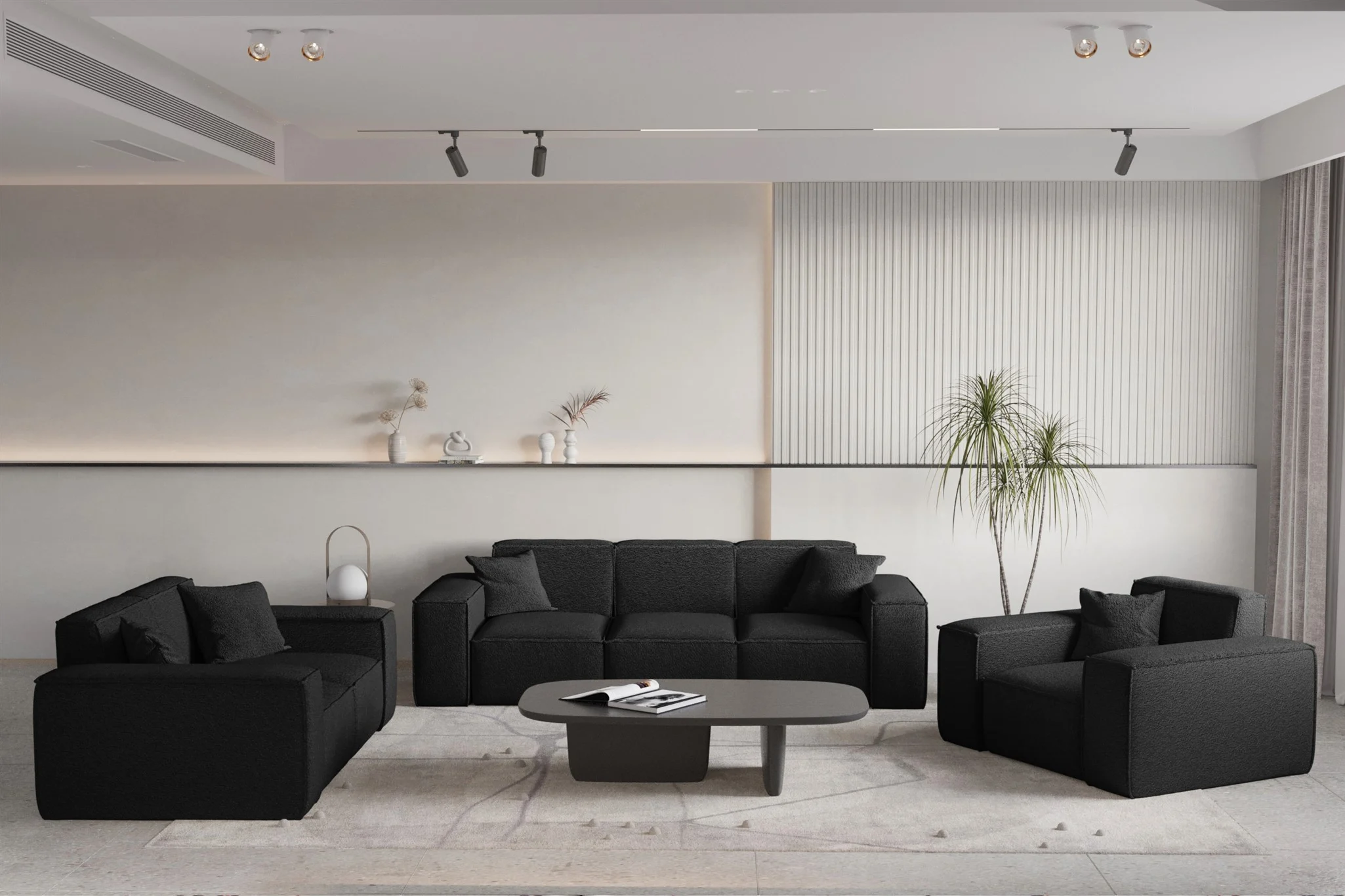 Sofaset Designersofa CELES PREMIUM 3-2-1 in Stoff Ascot Bukla Schwarz
