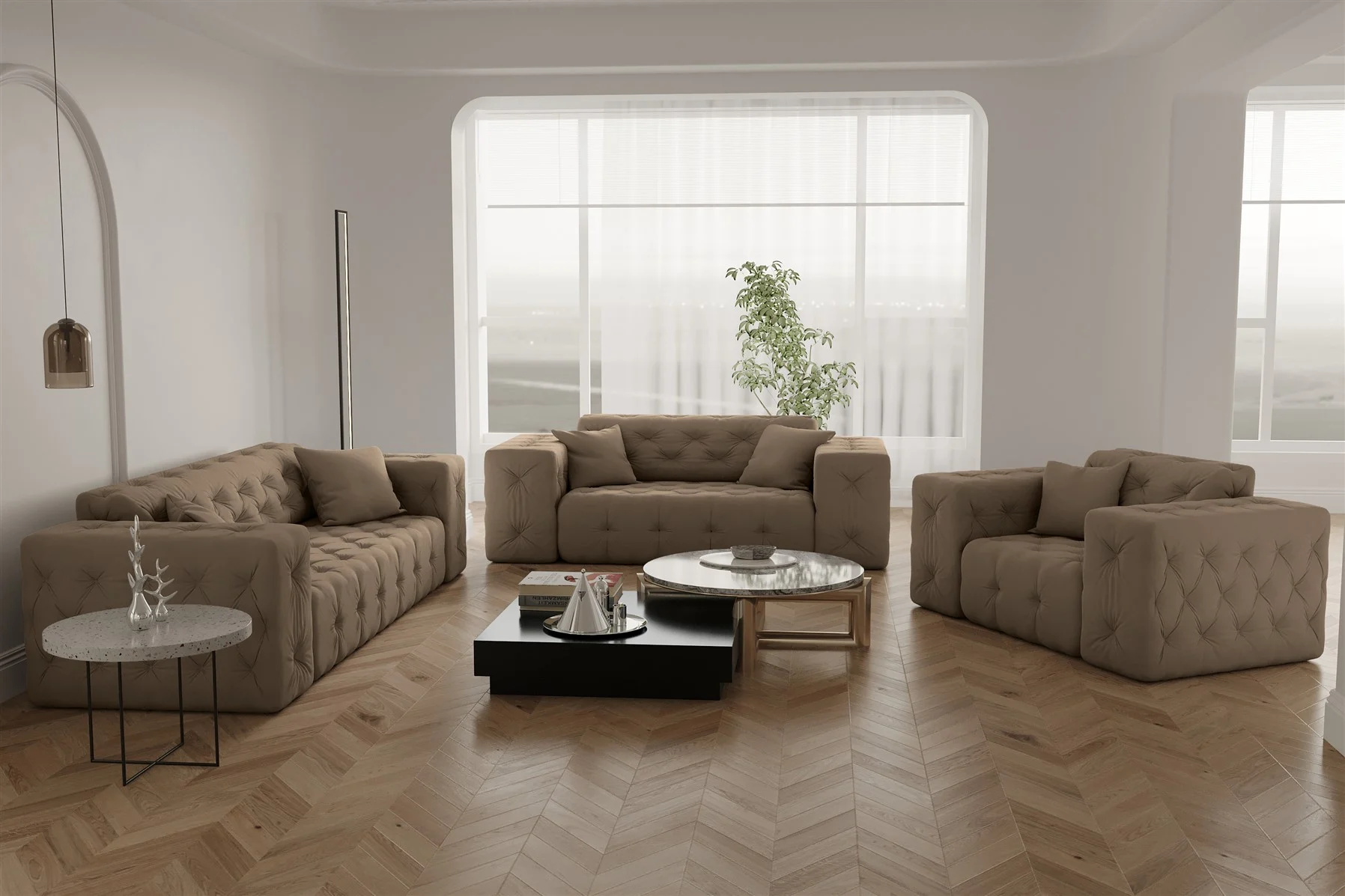 Sofaset Designersofa CHANTAL 3-2-1 in Stoff Opera Velvet Taupe