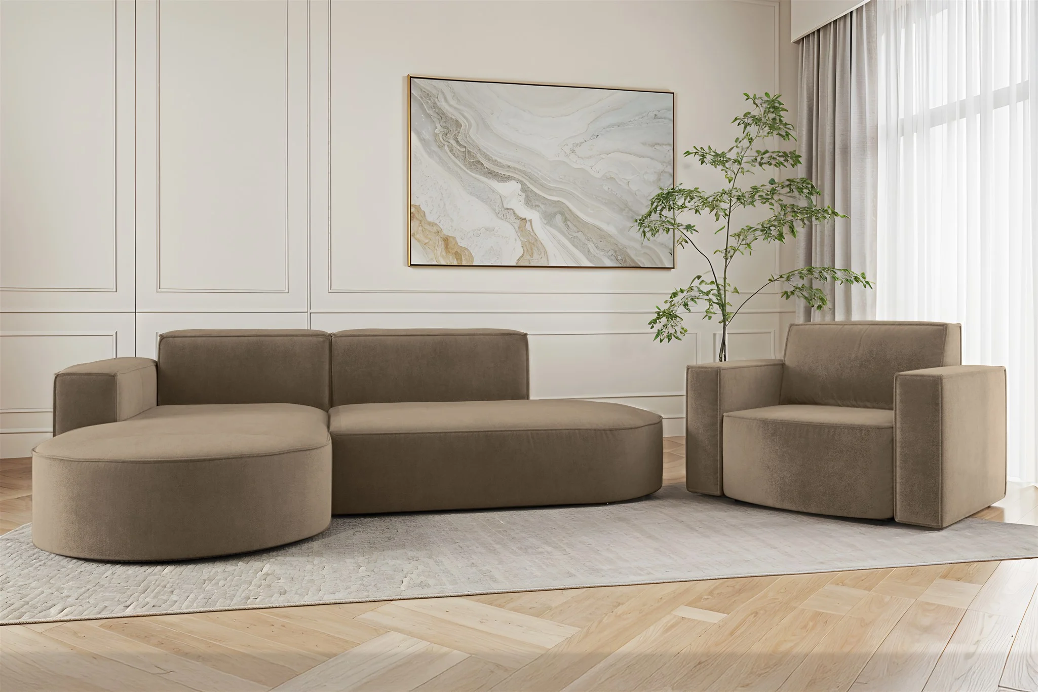 Sofa Set 2-teilig Sessel und Ecksofa PALMA XS Stoff Noel Braun Ottomane Links