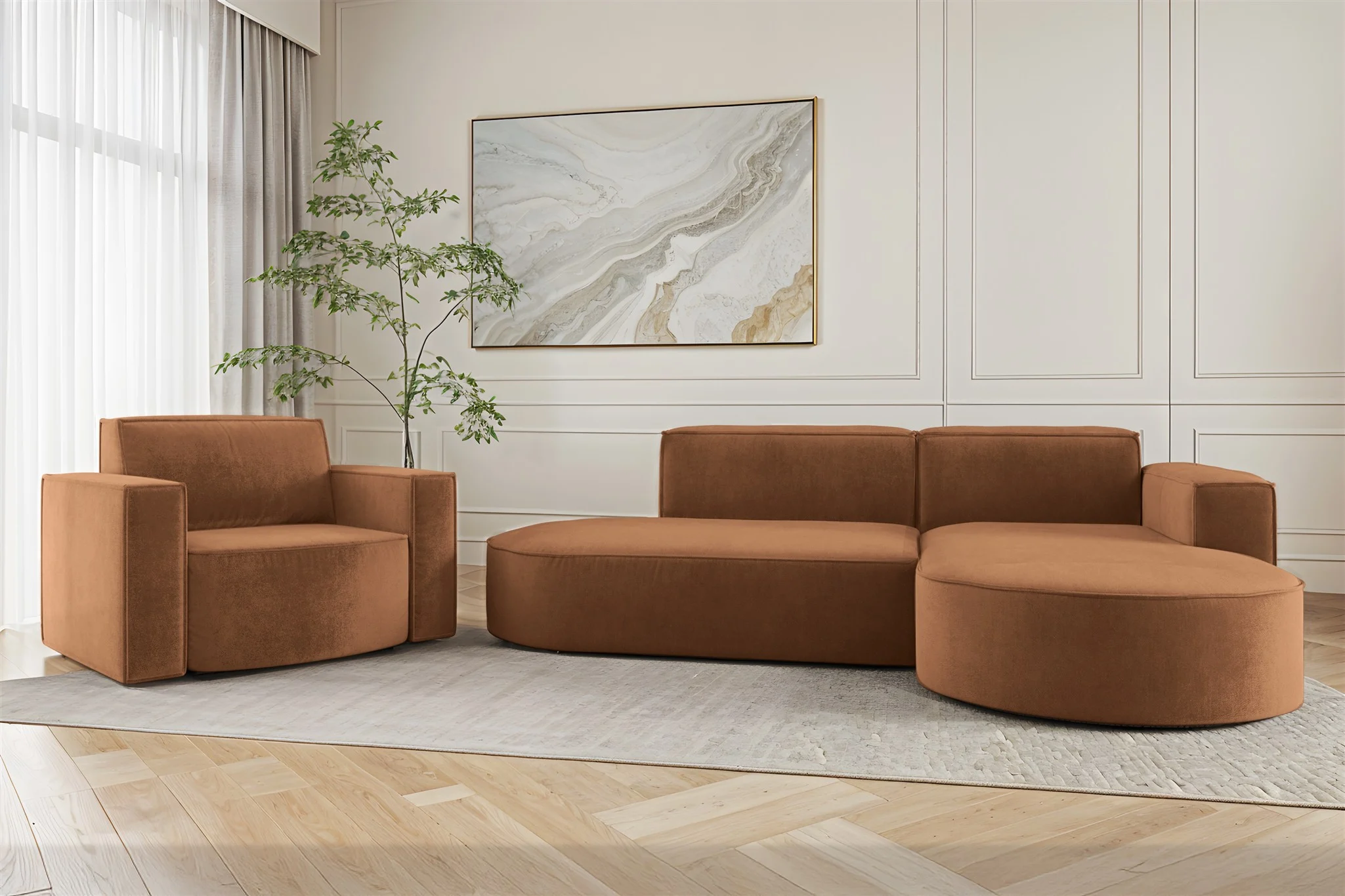 Sofa Set 2-teilig Sessel und Ecksofa PALMA XS Stoff Noel Ziegelrot Ottomane Rechts