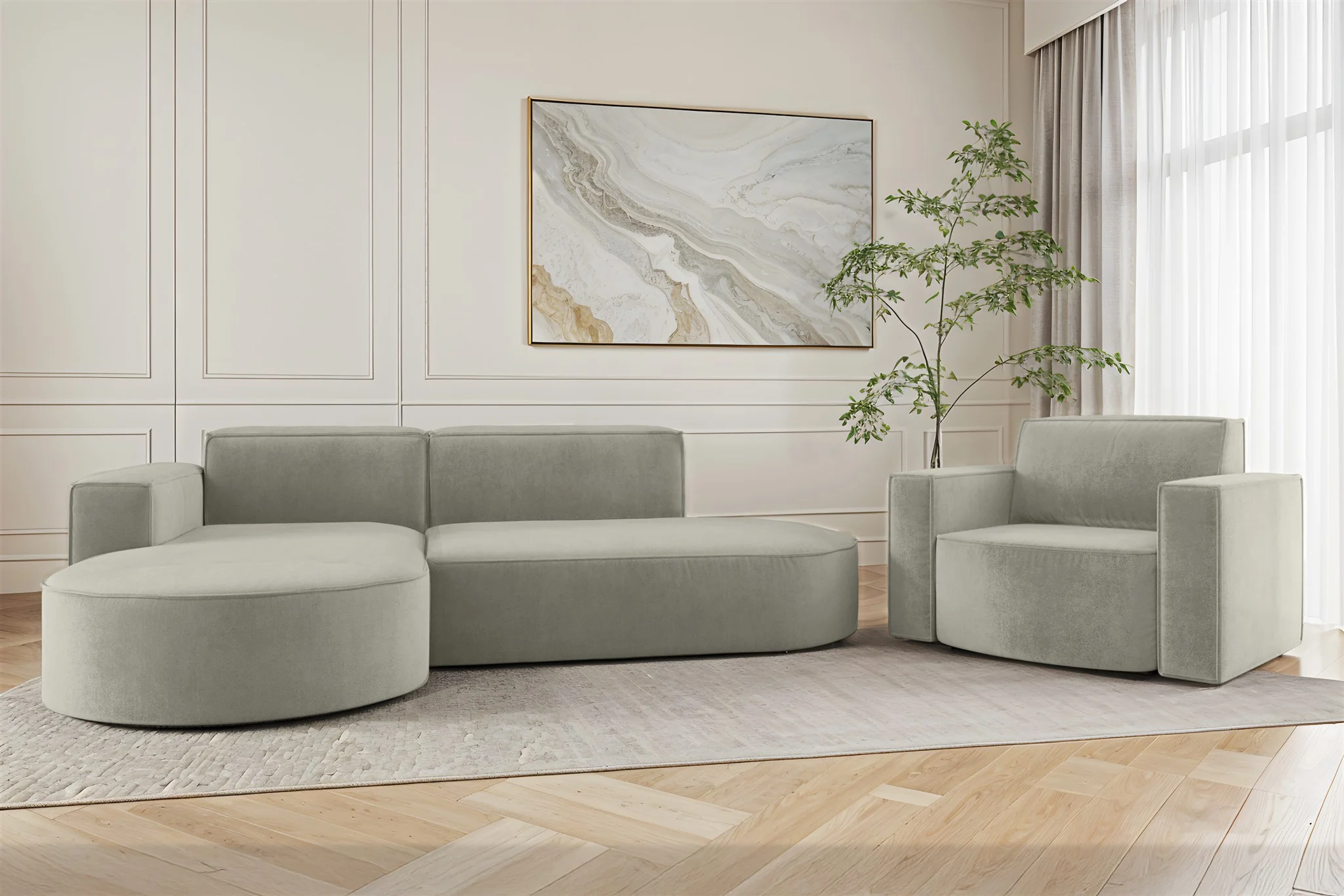 Sofa Set 2-teilig Sessel und Ecksofa PALMA XS Stoff Noel Hellgrau Ottomane Links