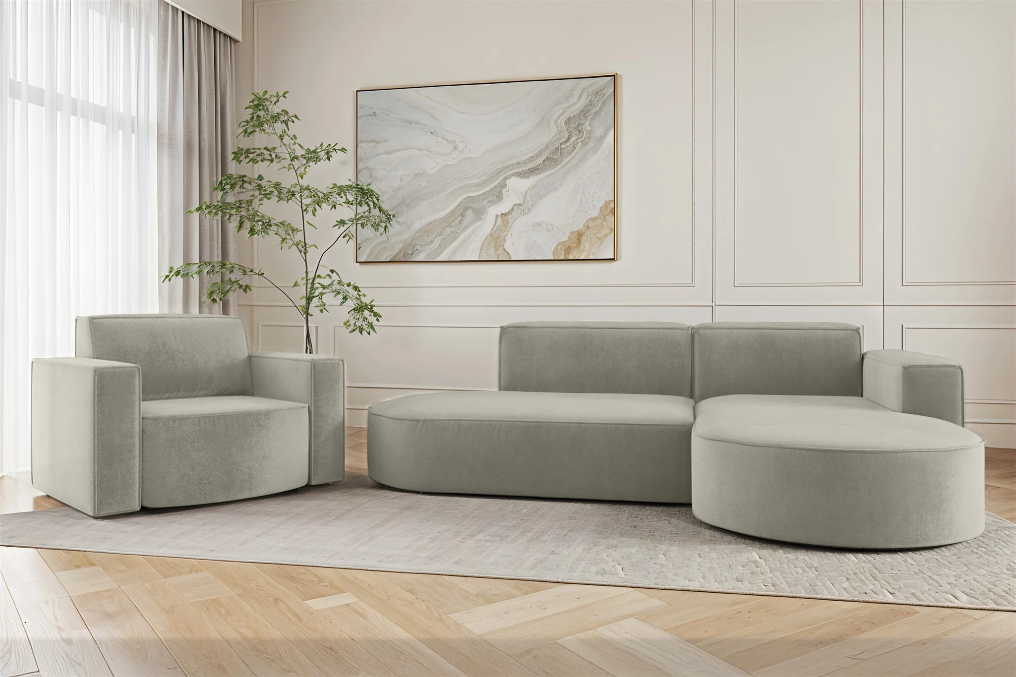 Sofa Set 2-teilig Sessel und Ecksofa PALMA XS Stoff Noel Hellgrau Ottomane Rechts