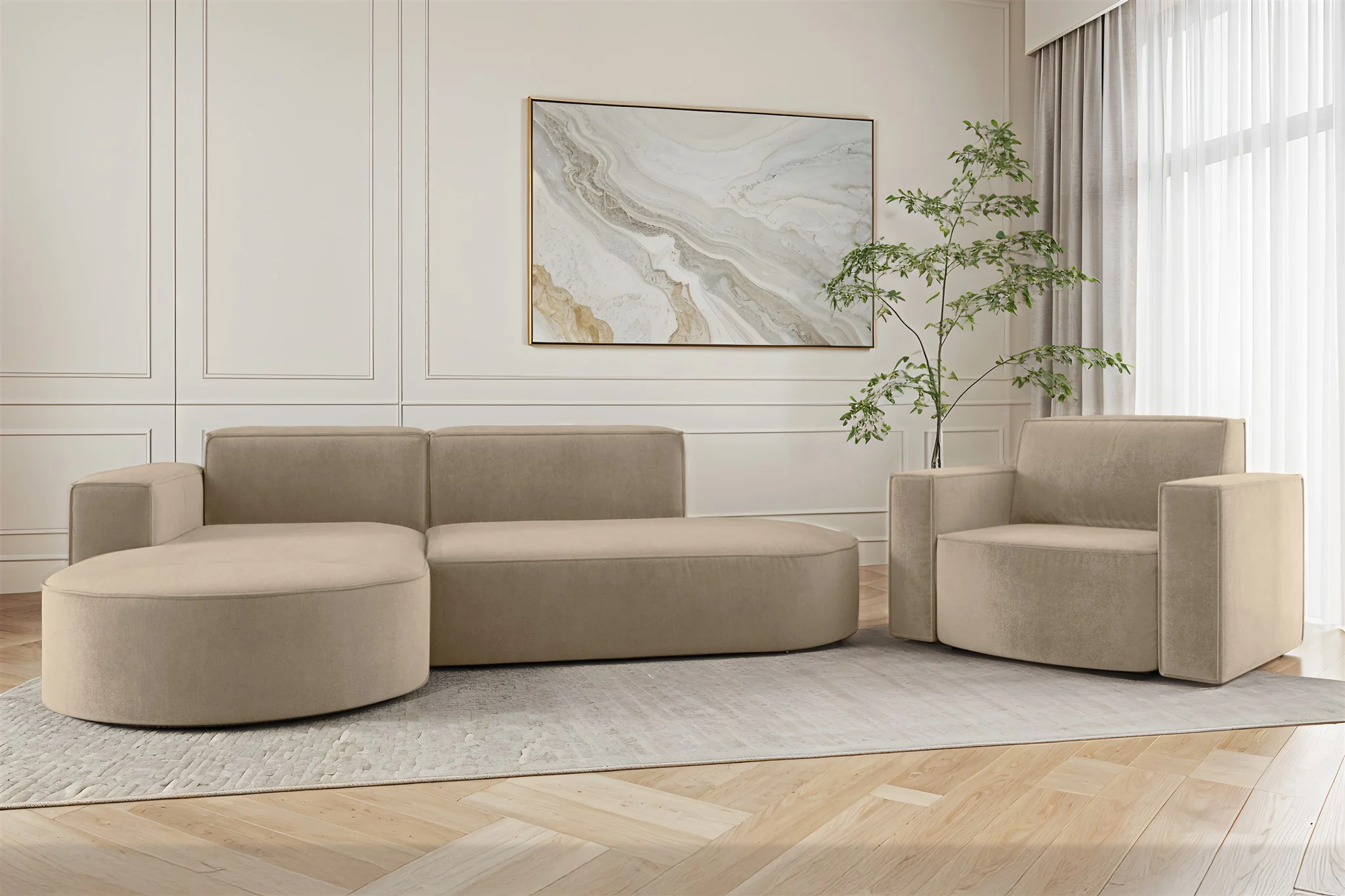 Sofa Set 2-teilig Sessel und Ecksofa PALMA XS Stoff Noel Beige Ottomane Links
