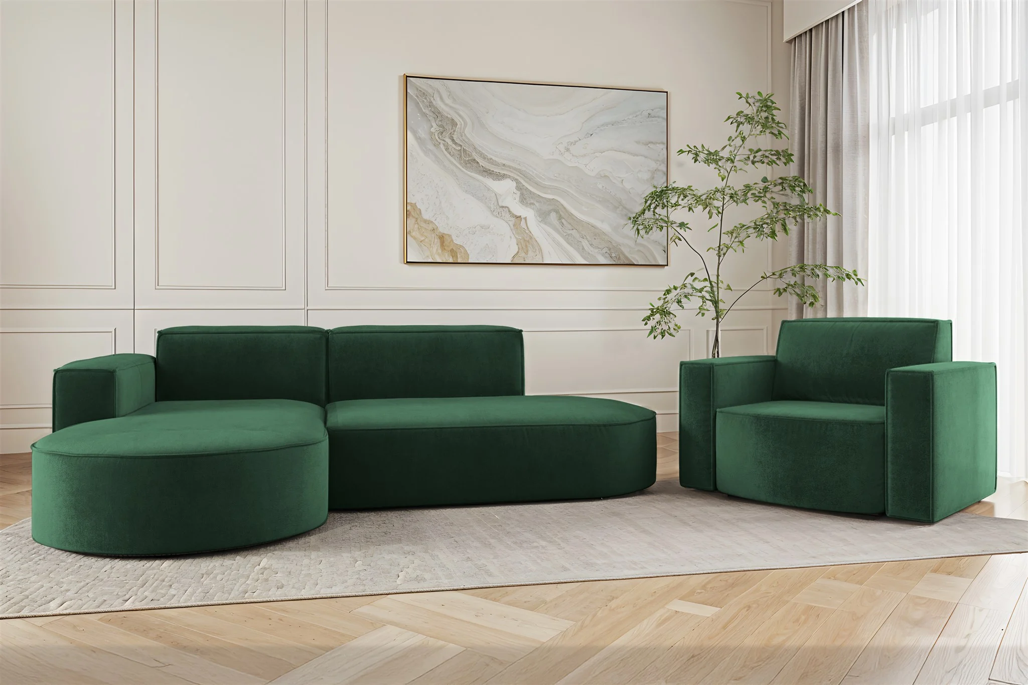 Sofa Set 2-teilig Sessel und Ecksofa PALMA XS Stoff Noel Grün Ottomane Links