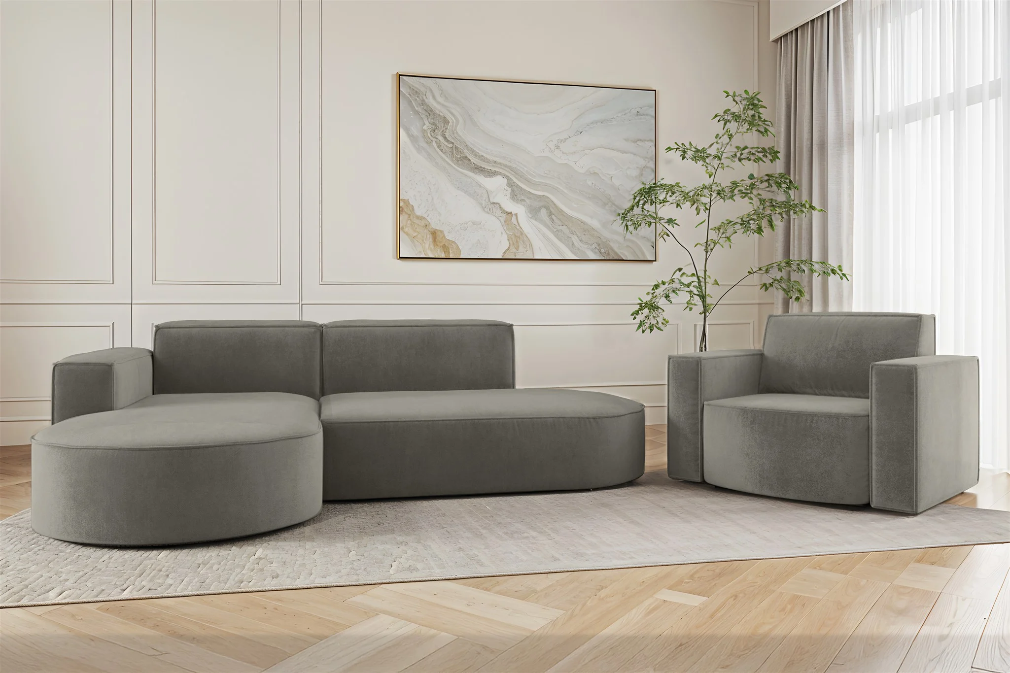 Sofa Set 2-teilig Sessel und Ecksofa PALMA XS Stoff Noel Grau Ottomane Links