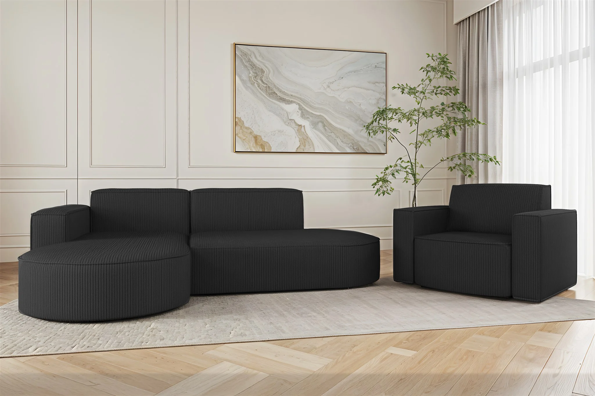 Sofa Set 2-teilig Sessel und Ecksofa PALMA XS Stoff Scala Anthrazit Ottomane Links