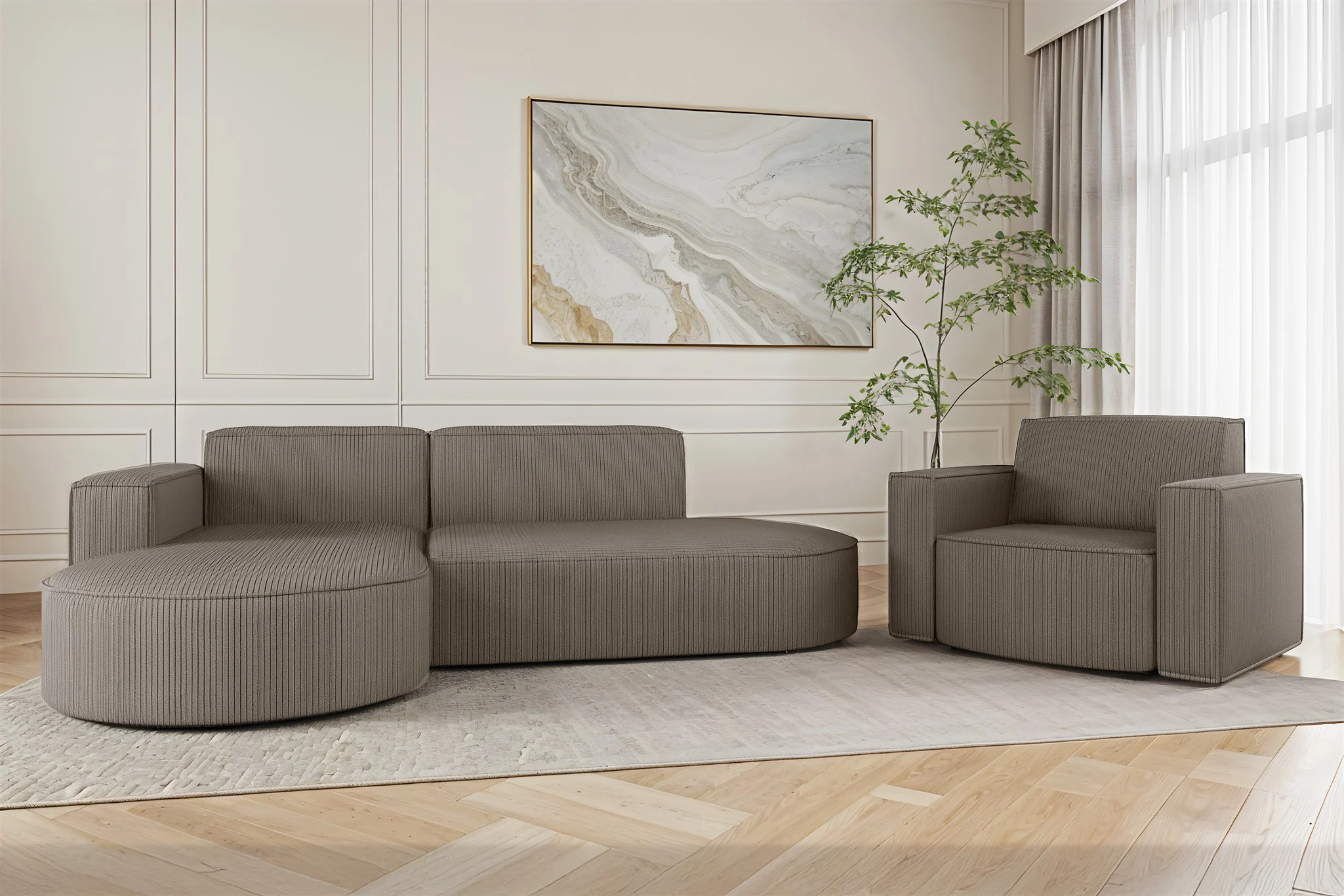 Sofa Set 2-teilig Sessel und Ecksofa PALMA XS Stoff Scala Grau Ottomane Links
