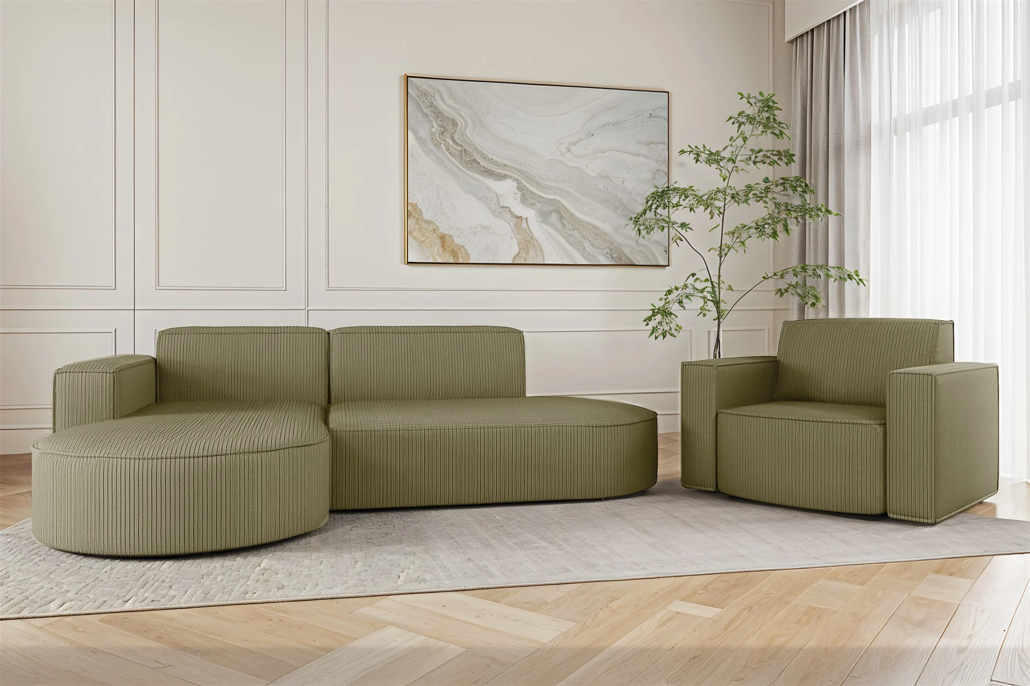 Sofa Set 2-teilig Sessel und Ecksofa PALMA XS Stoff Scala Kiwi Ottomane Links
