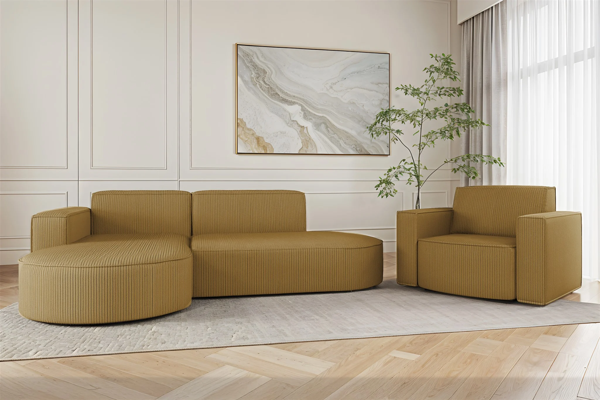 Sofa Set 2-teilig Sessel und Ecksofa PALMA XS Stoff Scala Senfgelb Ottomane Links