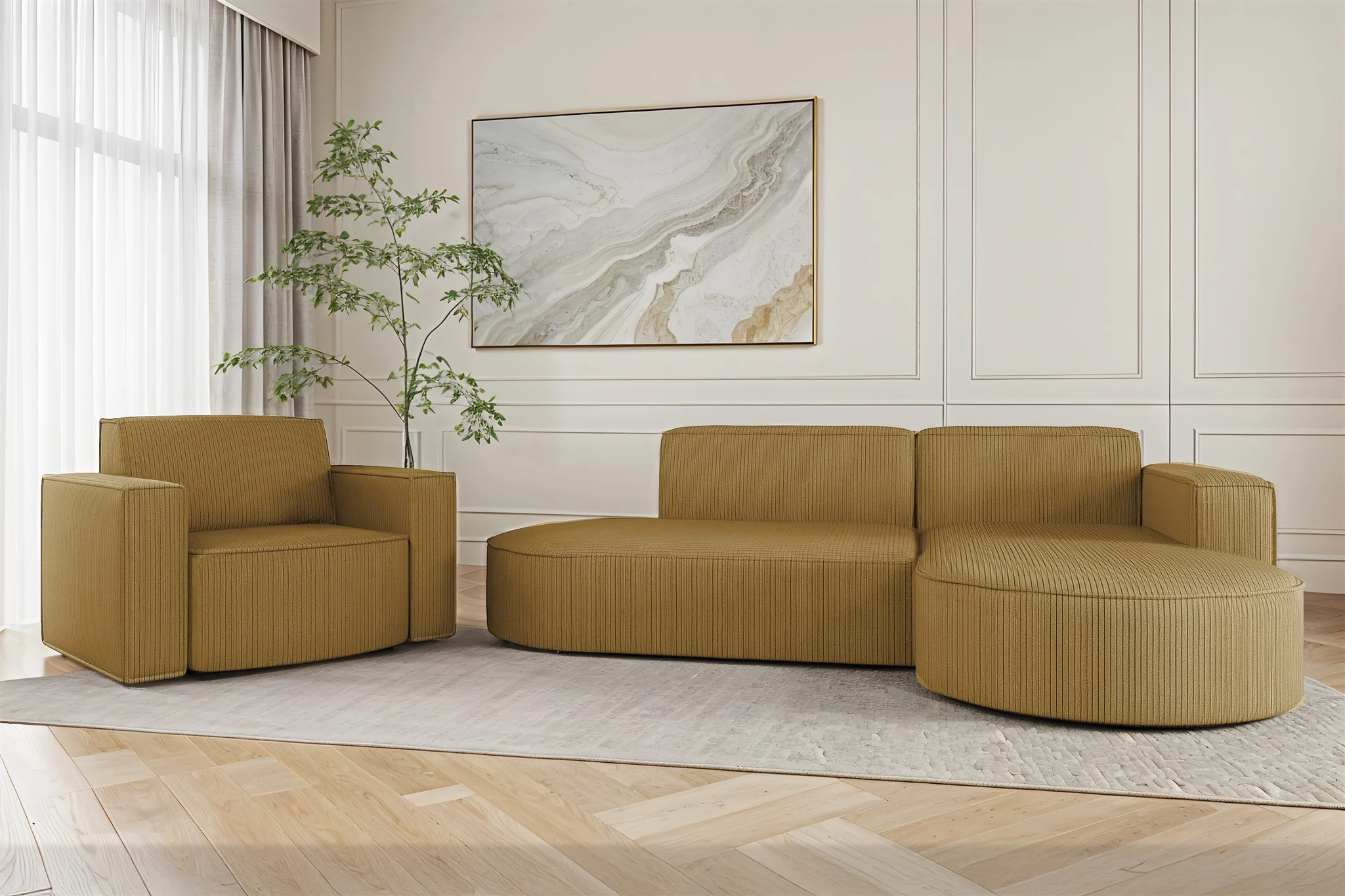 Sofa Set 2-teilig Sessel und Ecksofa PALMA XS Stoff Scala Senfgelb Ottomane Rechts