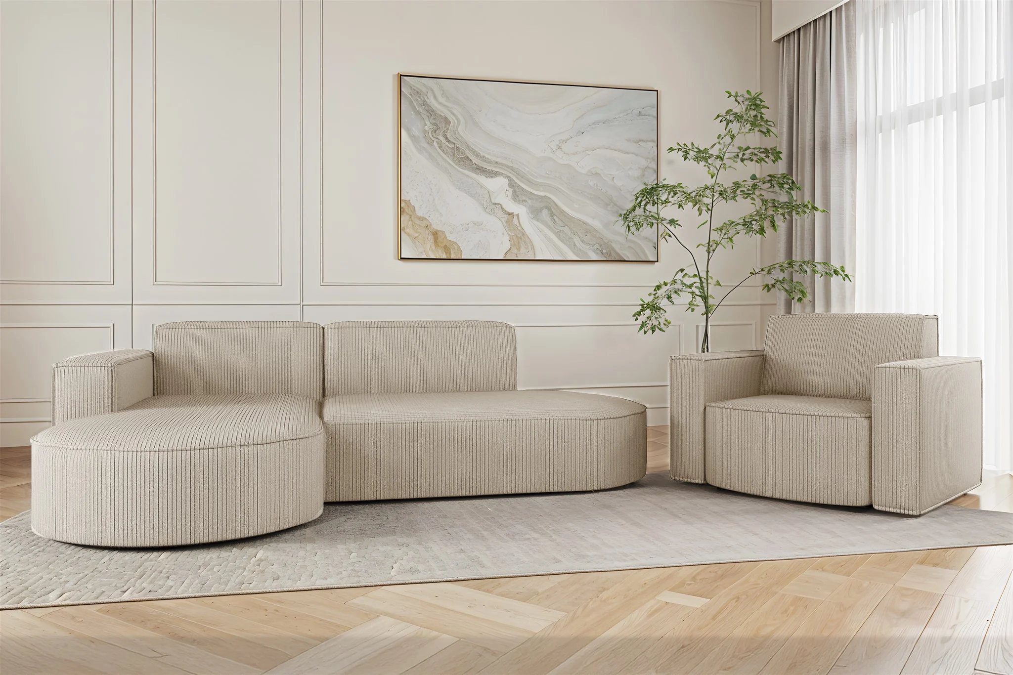 Sofa Set 2-teilig Sessel und Ecksofa PALMA XS Stoff Scala Sand Ottomane Links