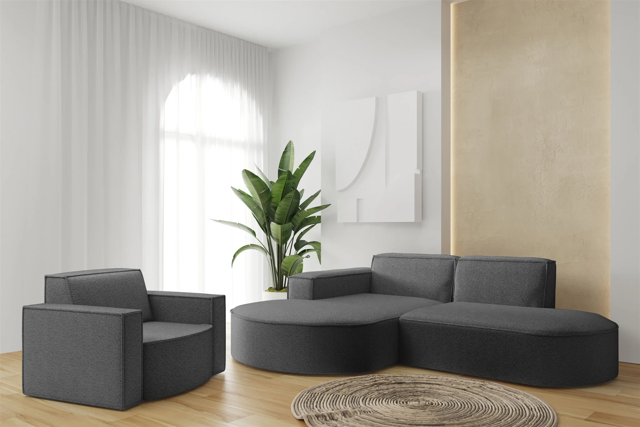 Sofa Set 2-teilig Sessel und Ecksofa PALMA XS Ascot Graphitgrau Ottomane Links