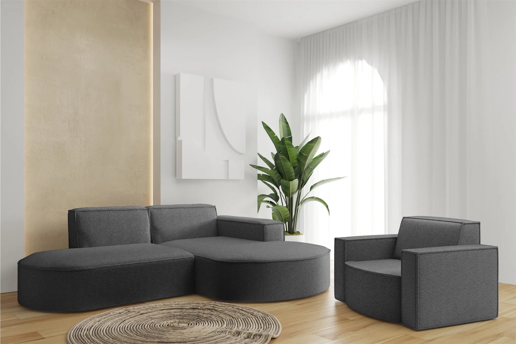 Sofa Set 2-teilig Sessel und Ecksofa PALMA XS Ascot Graphitgrau Ottomane Rechts