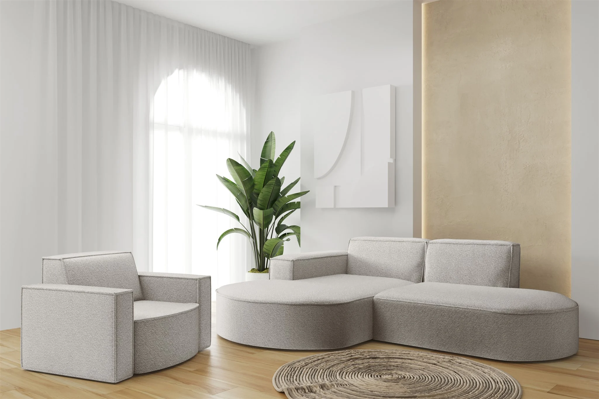 Sofa Set 2-teilig Sessel und Ecksofa PALMA XS Stoff Ascot Pearl Ottomane Links