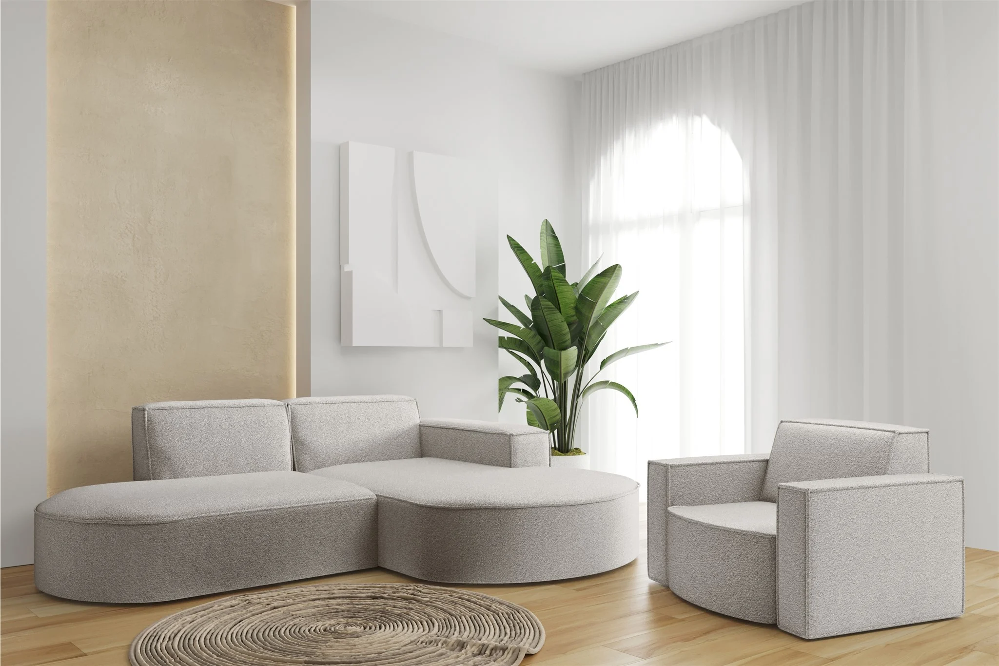 Sofa Set 2-teilig Sessel und Ecksofa PALMA XS Stoff Ascot Pearl Ottomane Rechts