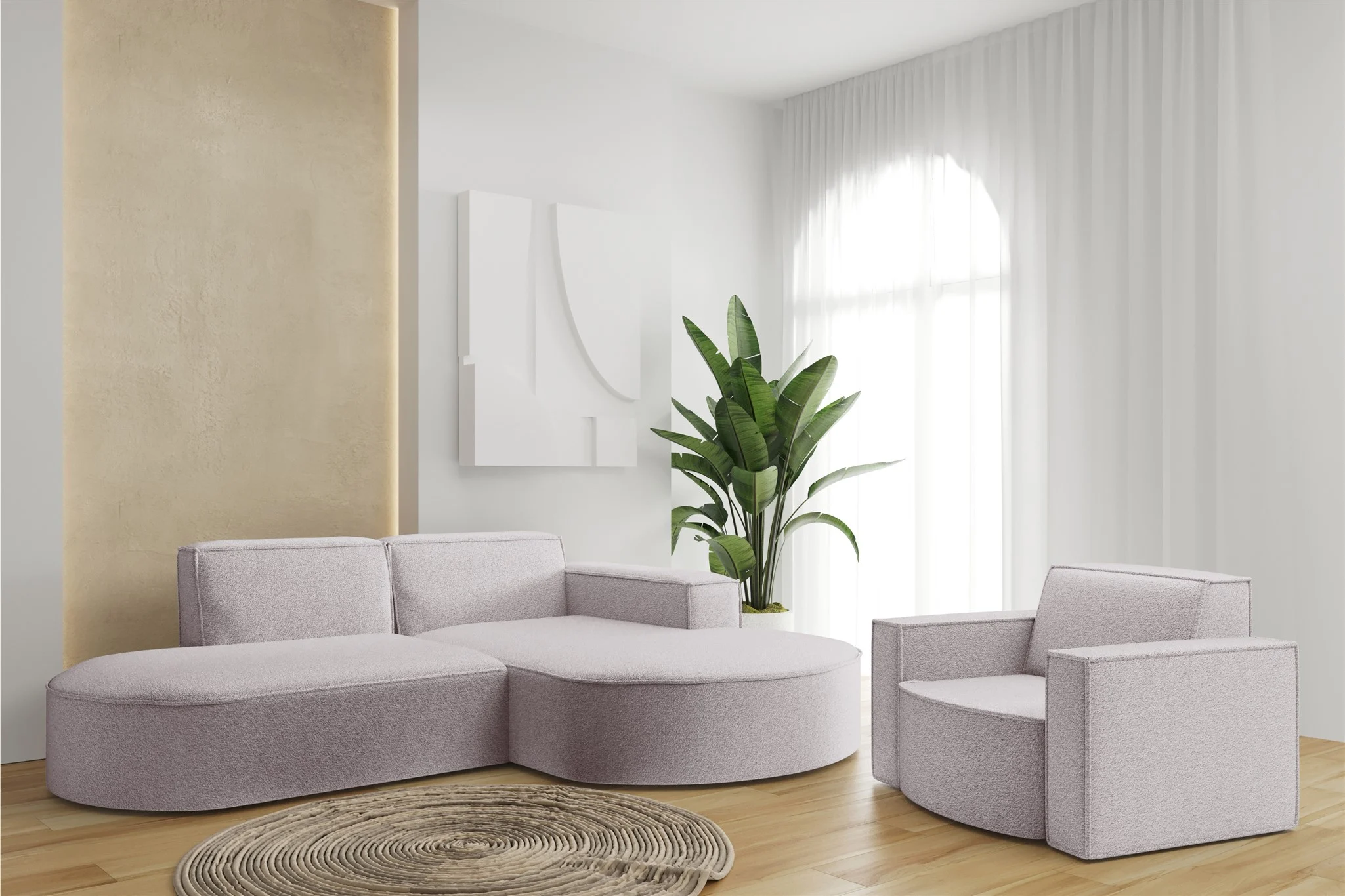 Sofa Set 2-teilig Sessel und Ecksofa PALMA XS Stoff Ascot Rose Ottomane Rechts