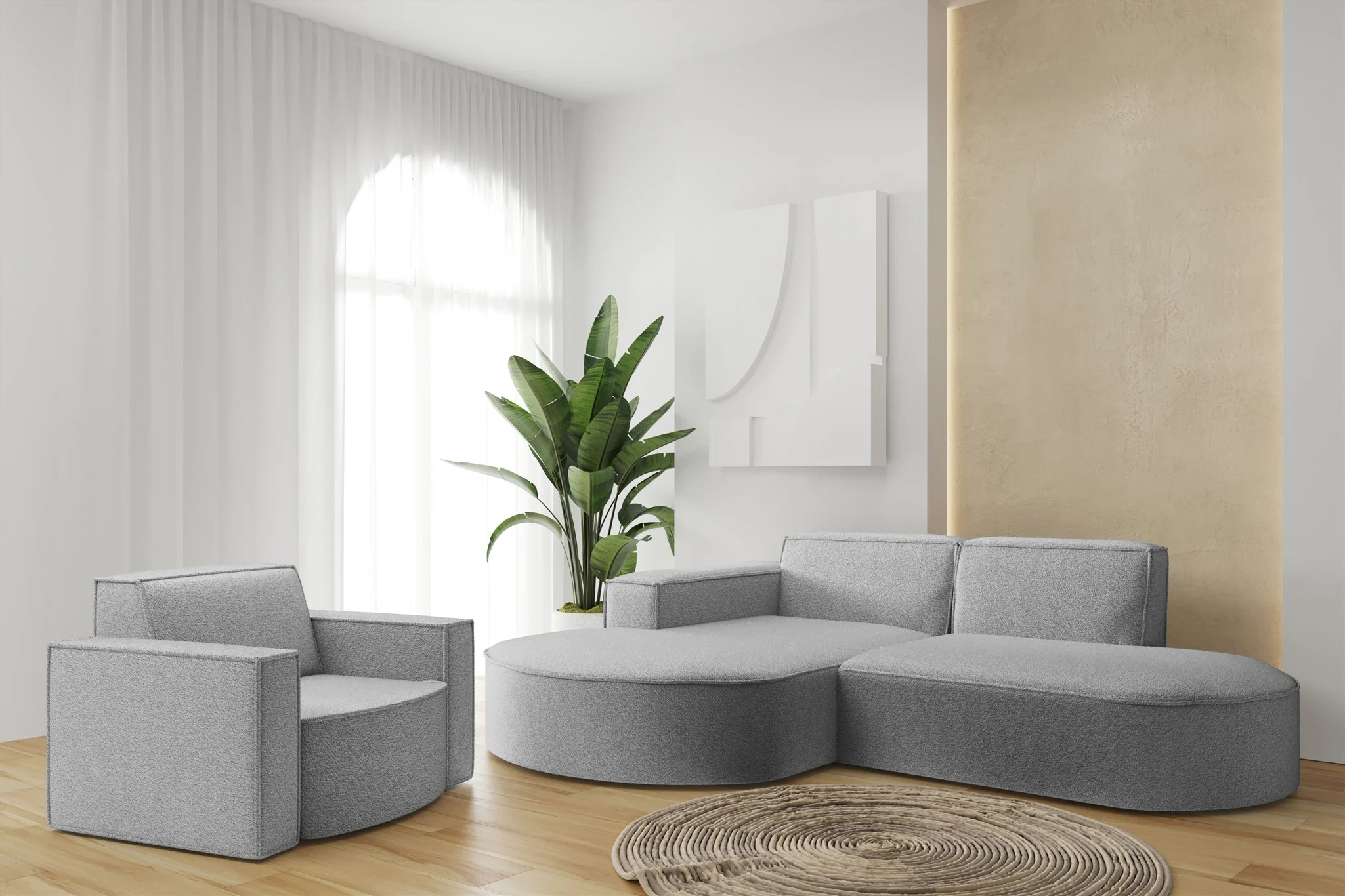 Sofa Set 2-teilig Sessel und Ecksofa PALMA XS Stoff Ascot Taupe Ottomane Links
